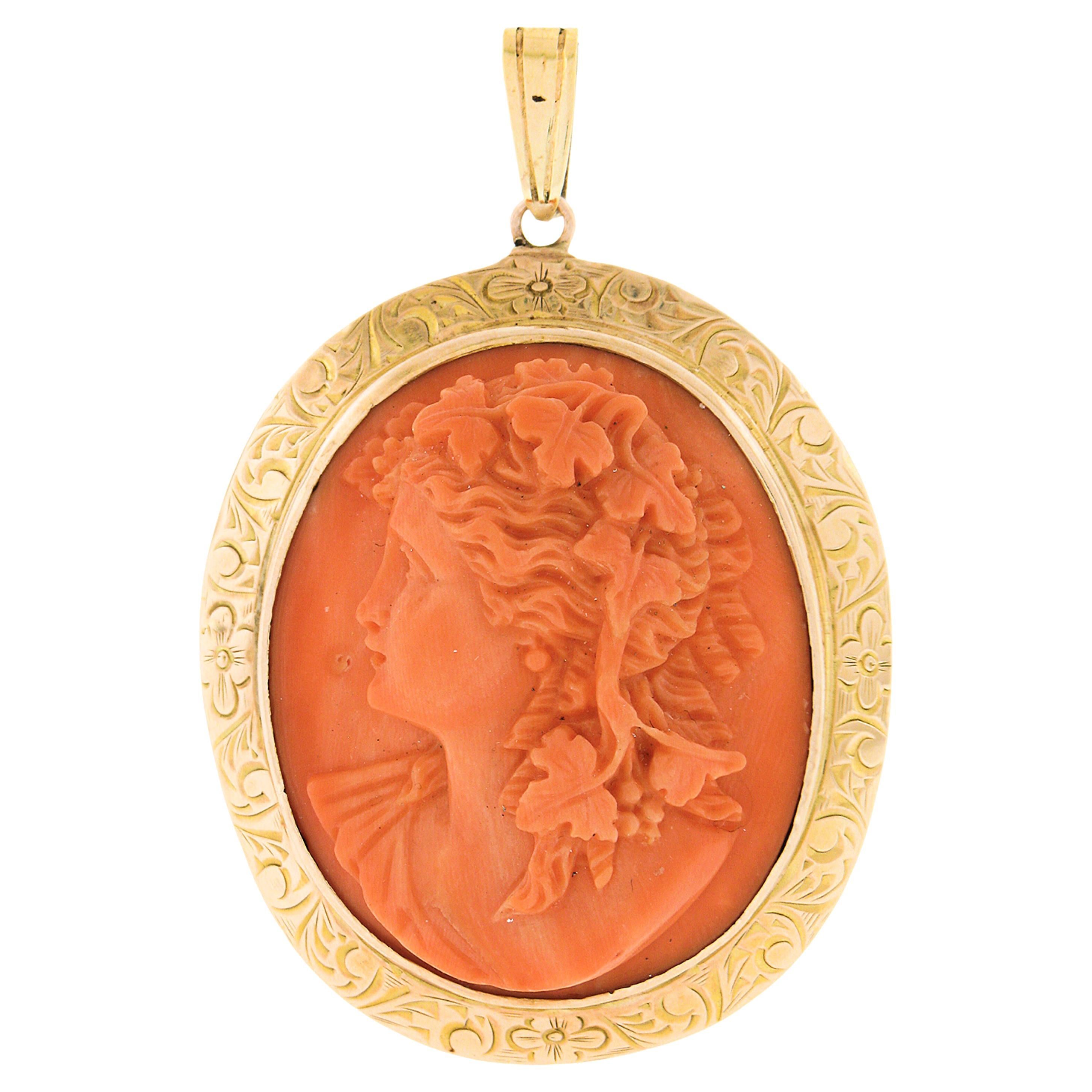 Vintage 14k Gold Bezel Oval Carved Coral Cameo w/ Hand Engraved Frame Pendant