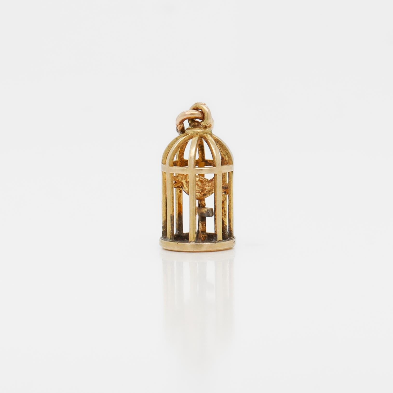 Vintage 14K Gold Bird in a Birdcage Charm for a Charm Bracelet by Walter Lampl In Good Condition For Sale In Philadelphia, PA