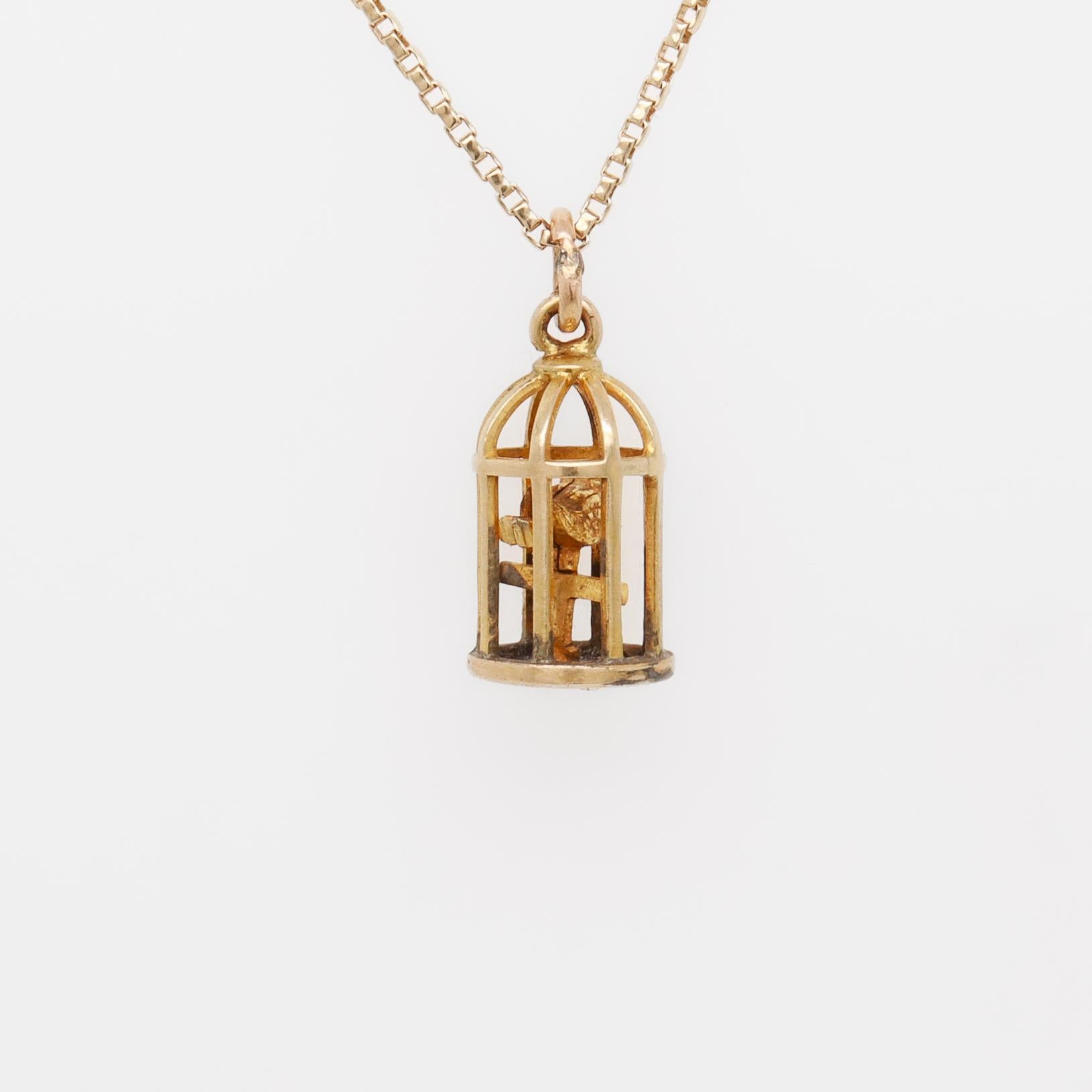 Vintage 14K Gold Bird in a Birdcage Charm for a Charm Bracelet by Walter Lampl For Sale 1