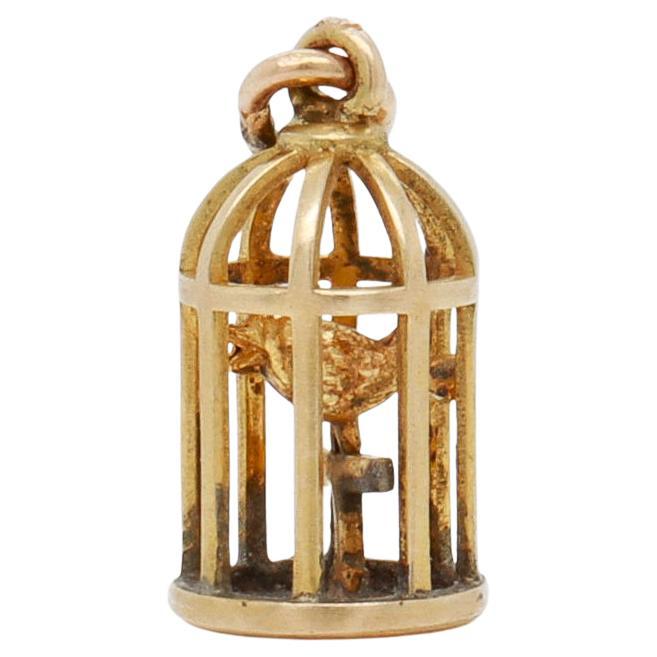 Vintage 14K Gold Bird in a Birdcage Charm for a Charm Bracelet by Walter Lampl For Sale