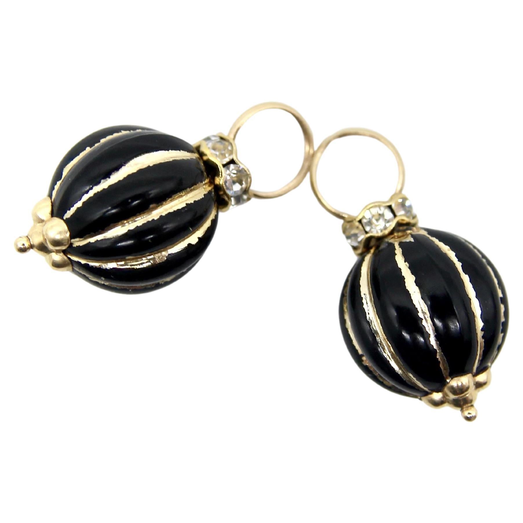 Vintage 14K Gold Black Enamel and Glass Charms or Earring Enhancers