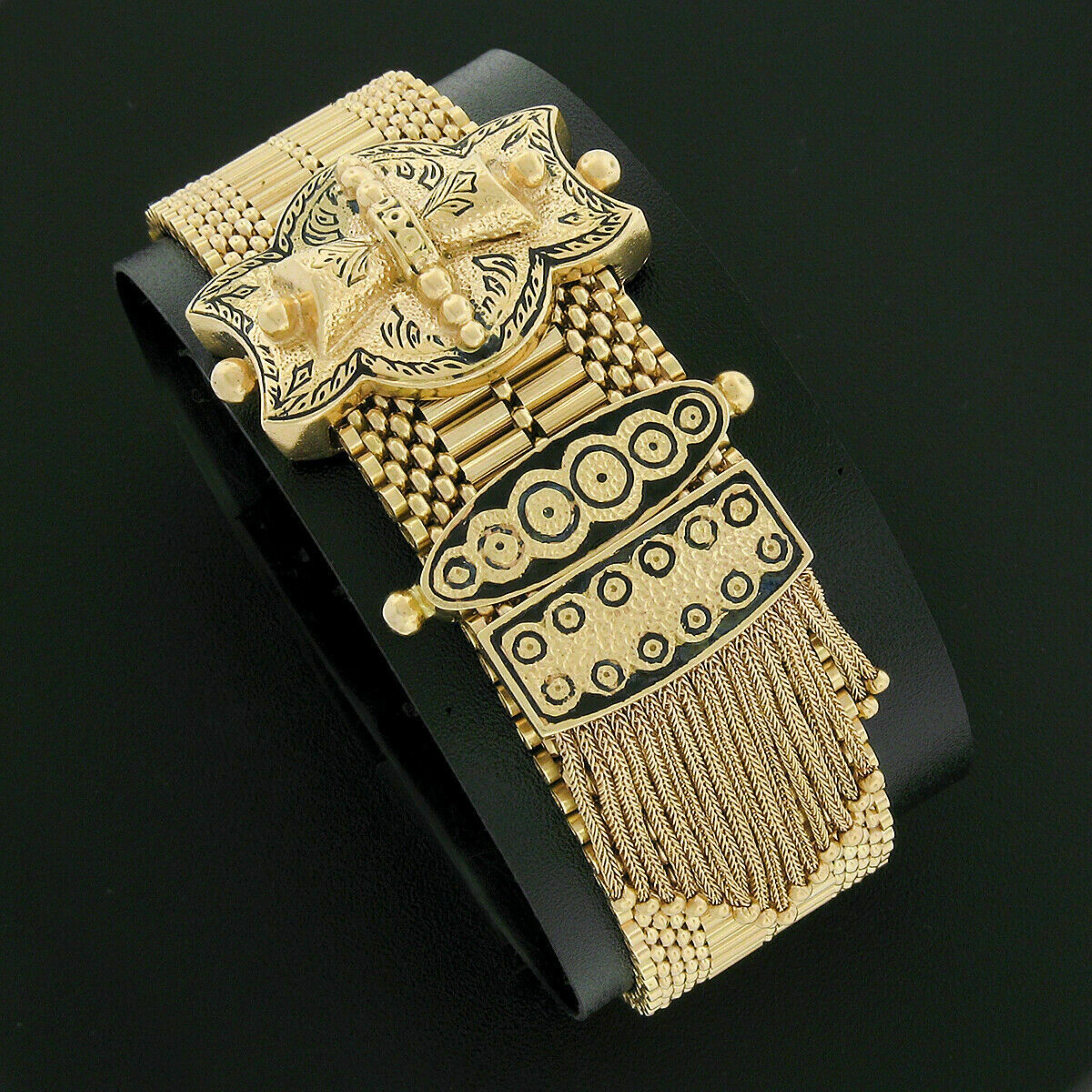 Women's or Men's Vintage 14K Gold Black Enamel Engraved Tassel Fancy Slide Buckle Strap Bracelet