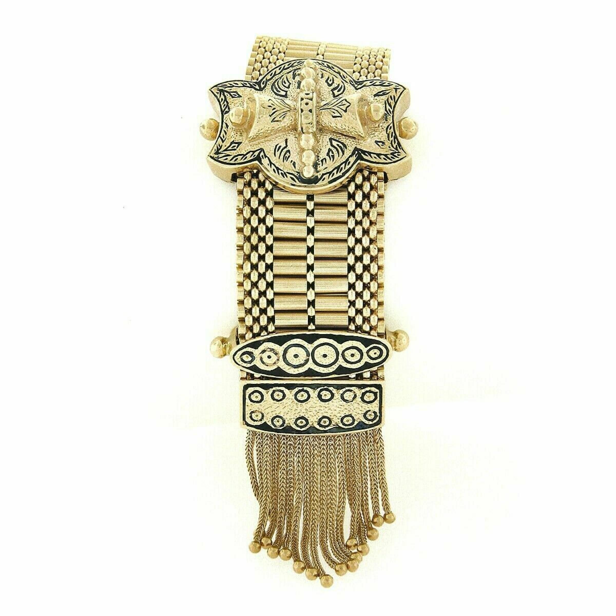 Vintage 14K Gold Black Enamel Engraved Tassel Fancy Slide Buckle Strap Bracelet 1