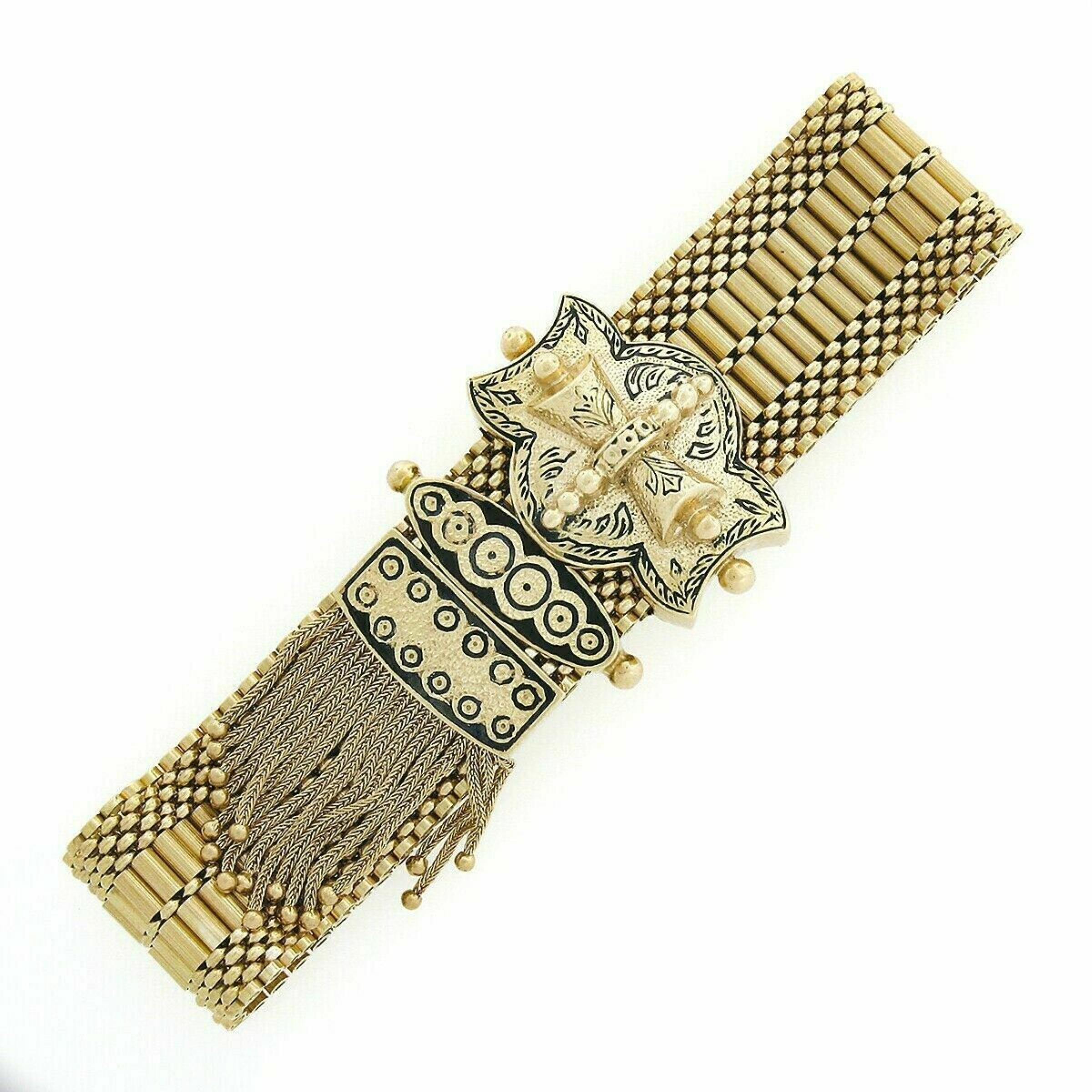 Vintage 14K Gold Black Enamel Engraved Tassel Fancy Slide Buckle Strap Bracelet 2