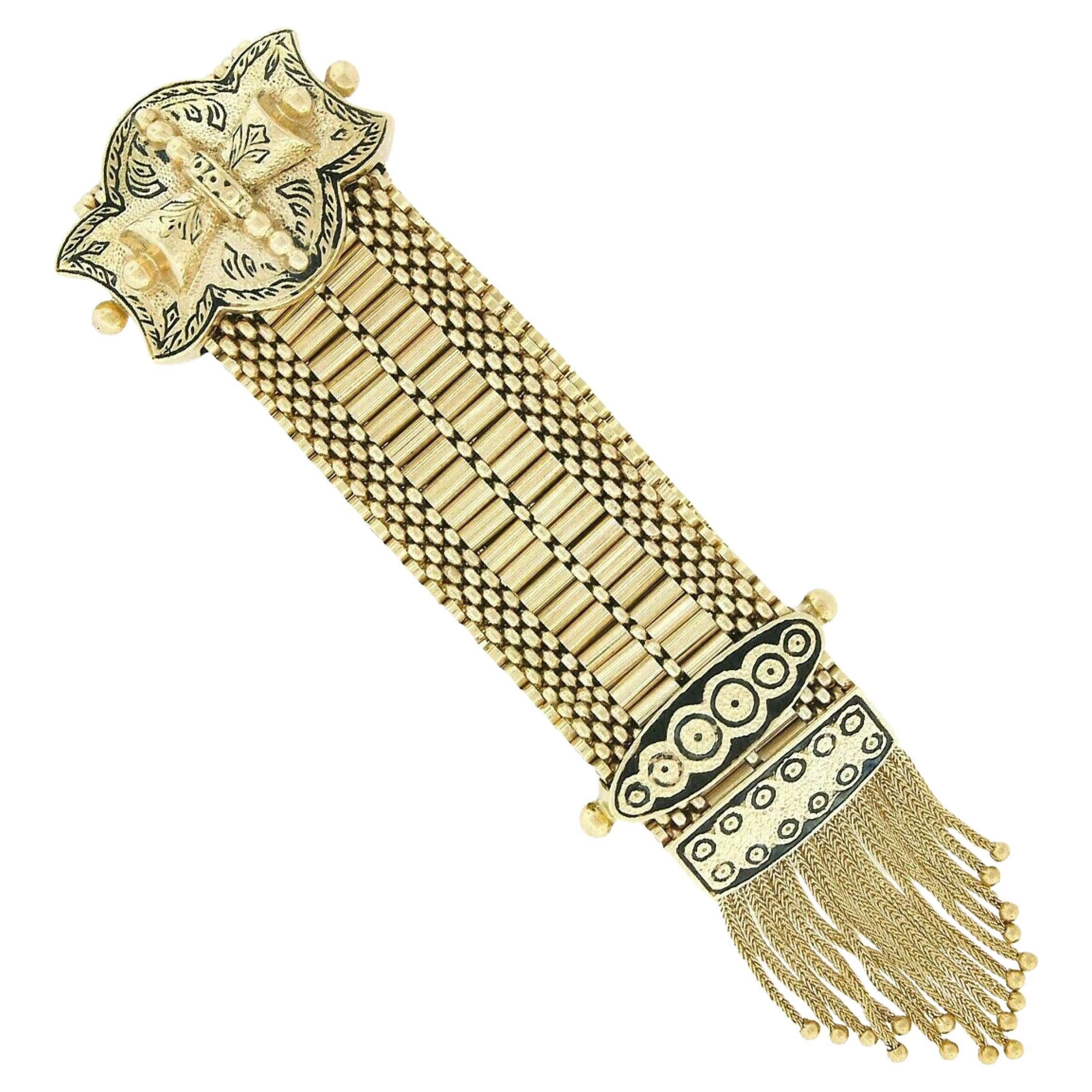 Vintage 14K Gold Black Enamel Engraved Tassel Fancy Slide Buckle Strap Bracelet