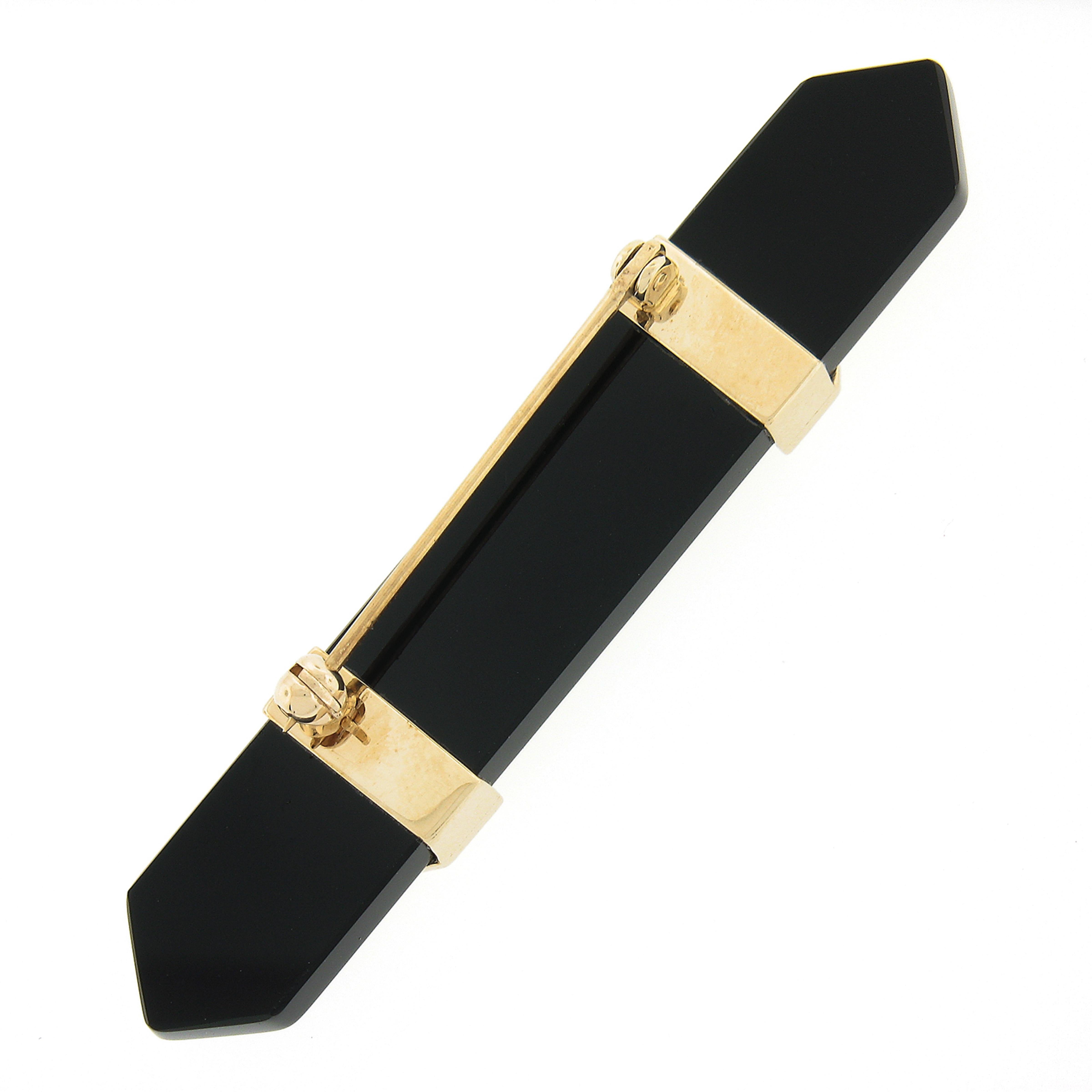 Brilliant Cut Vintage 14k Gold Black Onyx Bar Pin Brooch Accented w/ 0.42ctw Diamond 2 Arrows For Sale