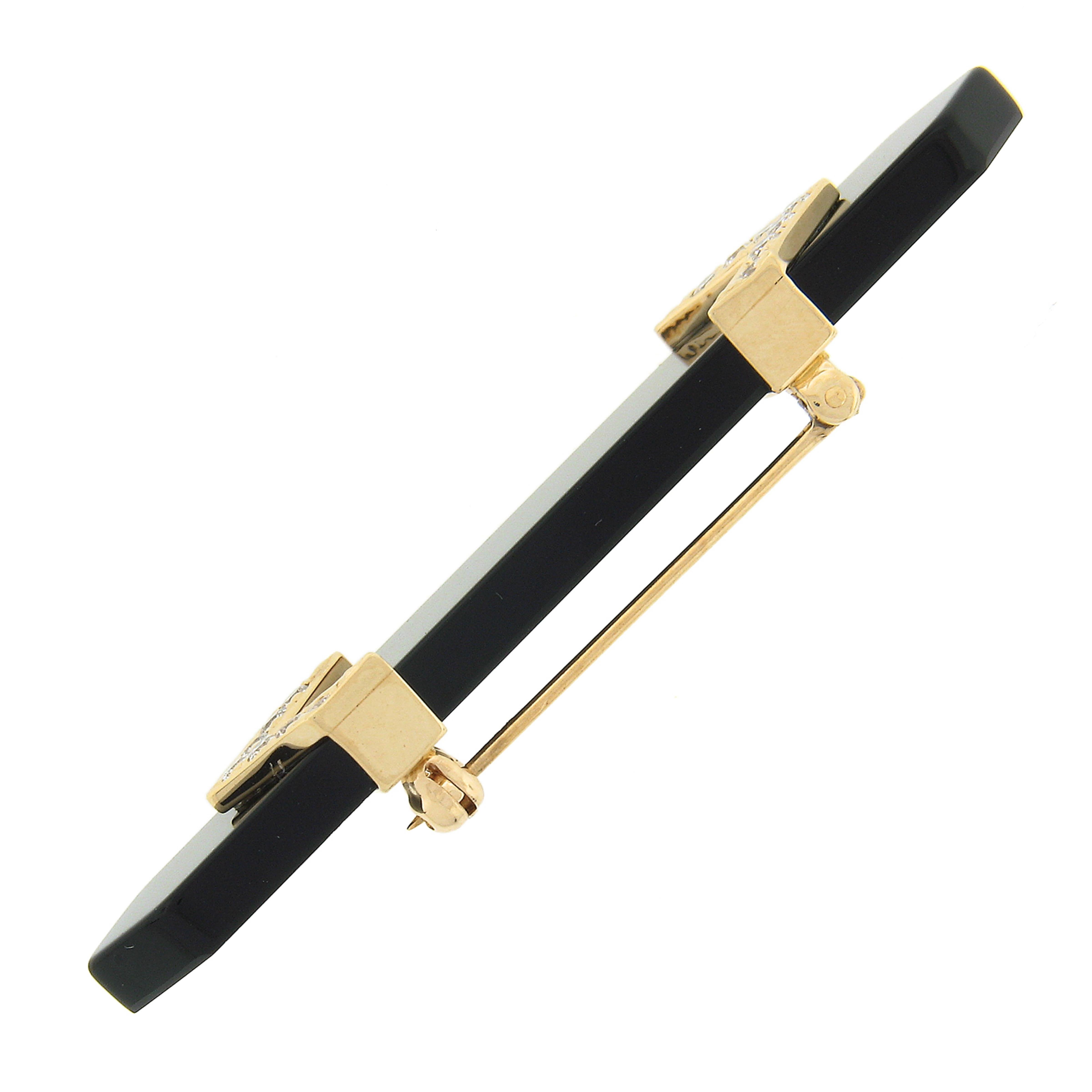 Women's or Men's Vintage 14k Gold Black Onyx Bar Pin Brooch Accented w/ 0.42ctw Diamond 2 Arrows For Sale