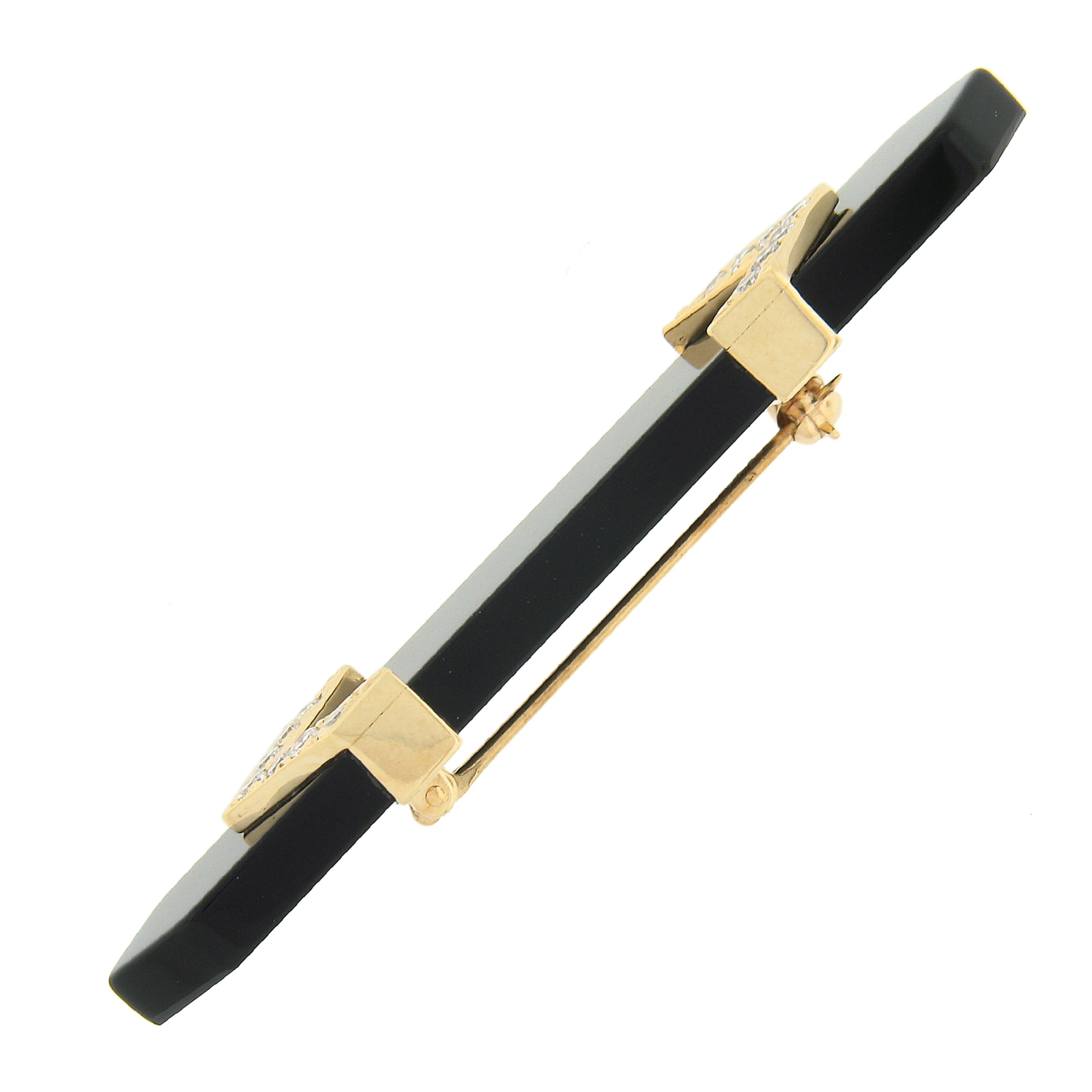 Vintage 14k Gold Black Onyx Bar Pin Brooch Accented w/ 0.42ctw Diamond 2 Arrows For Sale 1