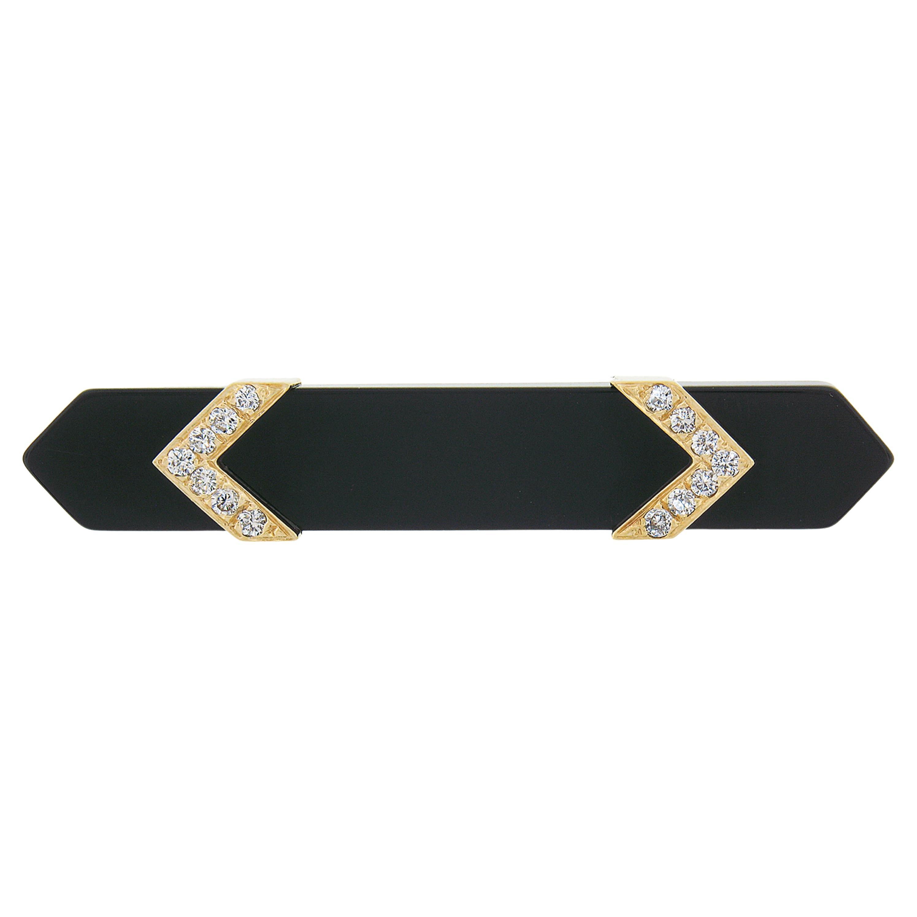 Vintage 14k Gold Black Onyx Bar Pin Brooch Accented w/ 0.42ctw Diamond 2 Arrows