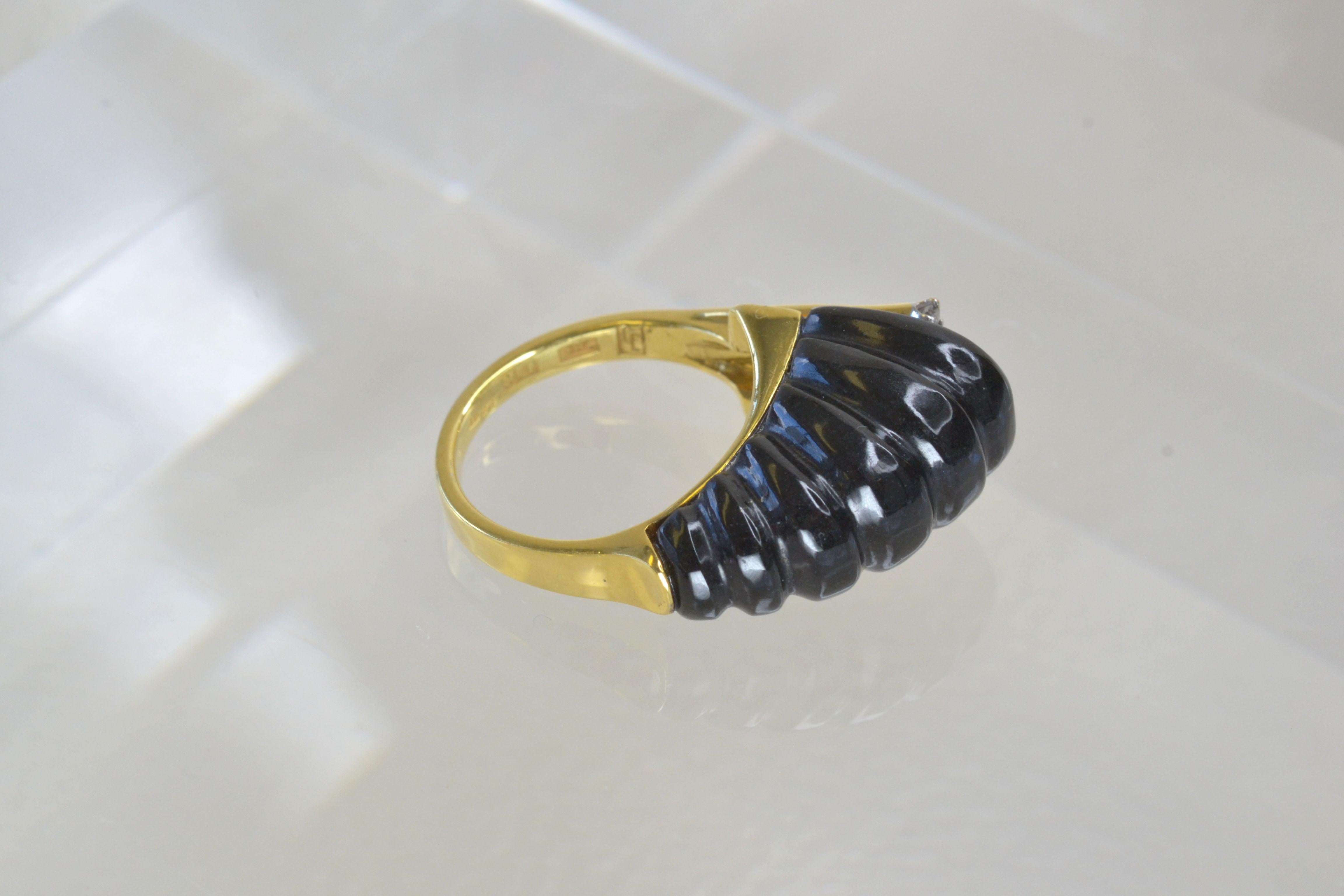 Revival Vintage 14k Gold Black Onyx Half Scalloped Ring with Diamonds, One-of-a-kind For Sale