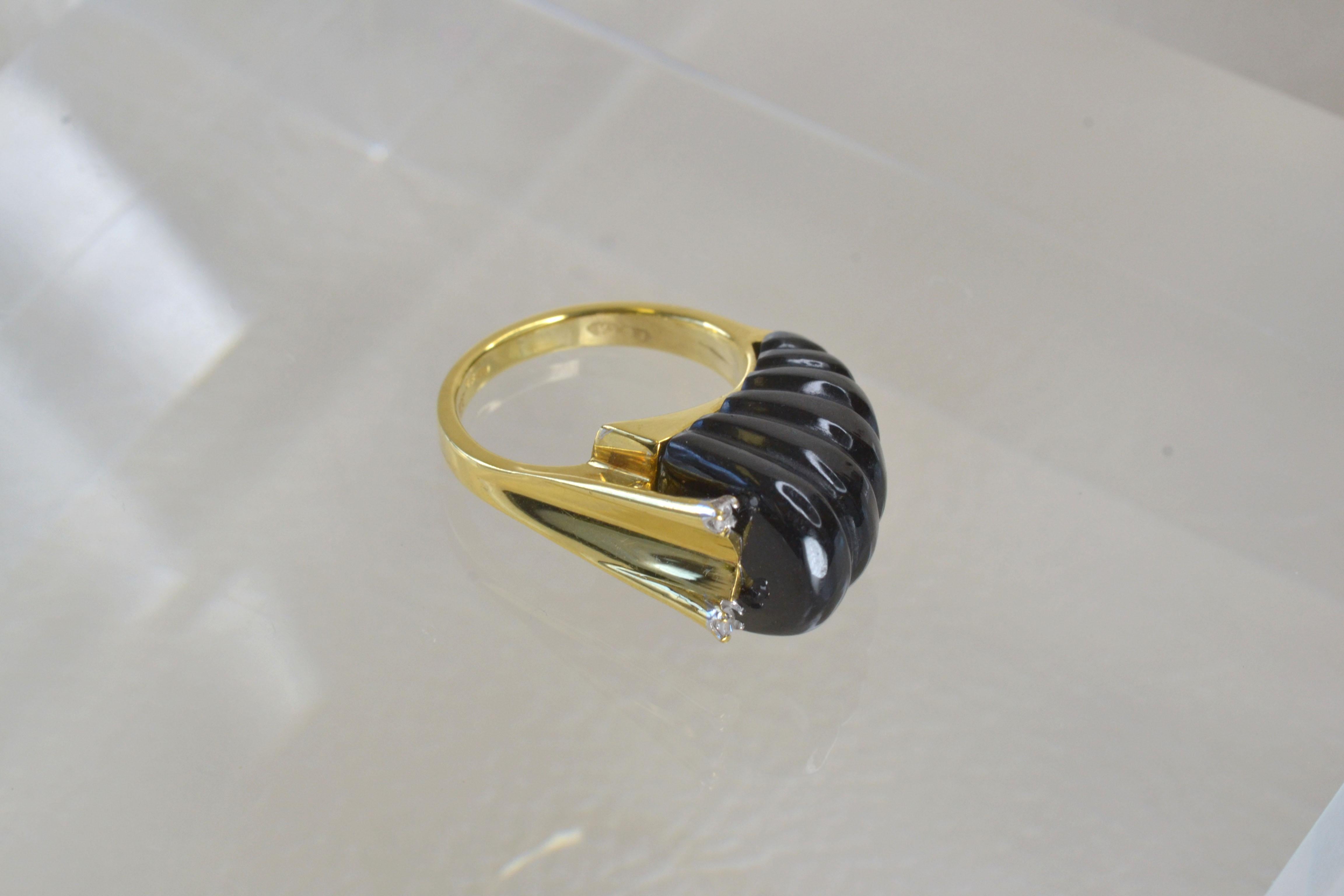 Cabochon Vintage 14k Gold Black Onyx Half Scalloped Ring with Diamonds, One-of-a-kind For Sale