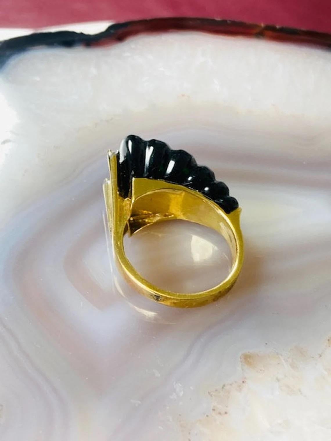 Vintage 14k Gold Black Onyx Half Scalloped Ring with Diamonds, One-of-a-kind For Sale 1