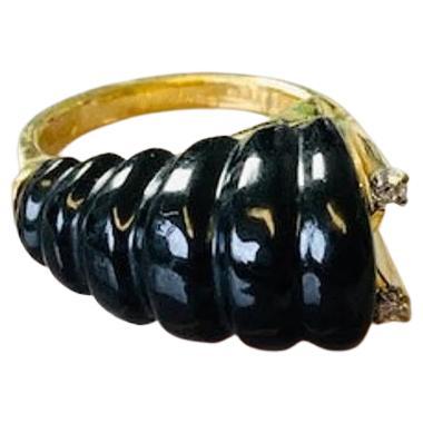 Vintage 14k Gold Black Onyx Half Scalloped Ring with Diamonds, One-of-a-kind For Sale