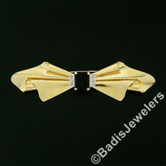 Vintage 14k Gold Black Onyx & Old Cut Diamond Lange Freiform Band Brosche Pin