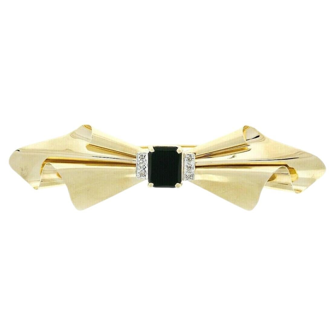 Broche en or 14k vintage Onyx noir et diamant taille ancienne Ruban long de forme libre