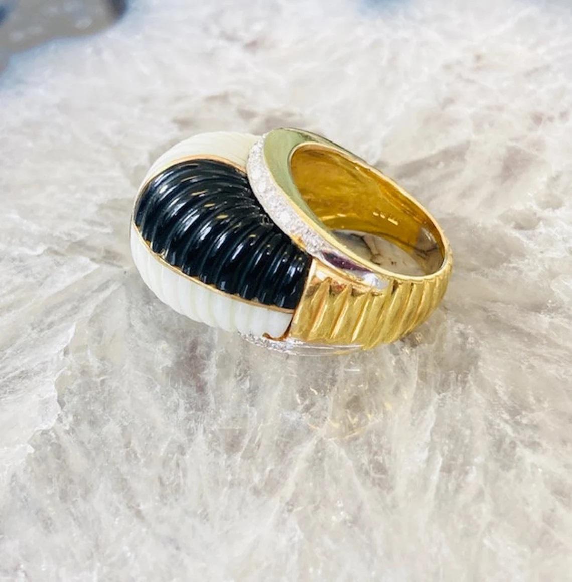 Cabochon Vintage 14k Gold Black & White Onyx Checkerboard Diamond Ring, One-of-a-kind For Sale