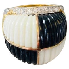 Bague vintage en or 14 carats avec damier en onyx noir et blanc et diamants, unique en son genre