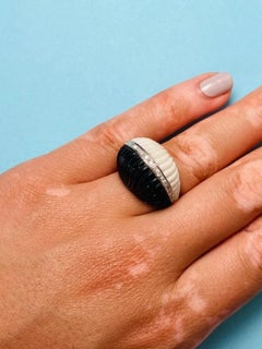 Vintage 14k Gold Black & White Onyx Scalloped Ring with Diamonds, One-of-a-kind