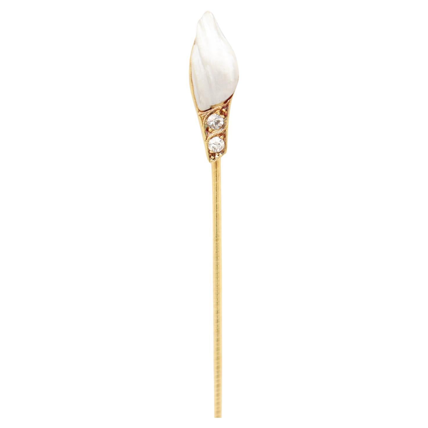 Vintage 14k Gold, Blister Perle, & Diamant Stickpin
