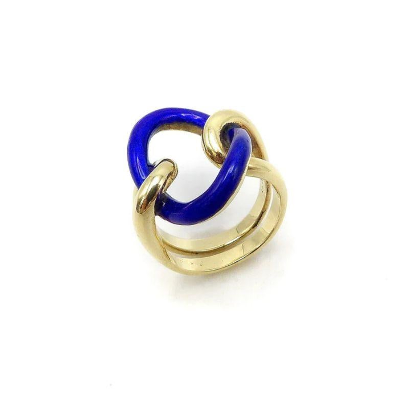 Contemporary Vintage 14K Gold Blue Enamel Lover's Knot Ring, circa 1990 For Sale