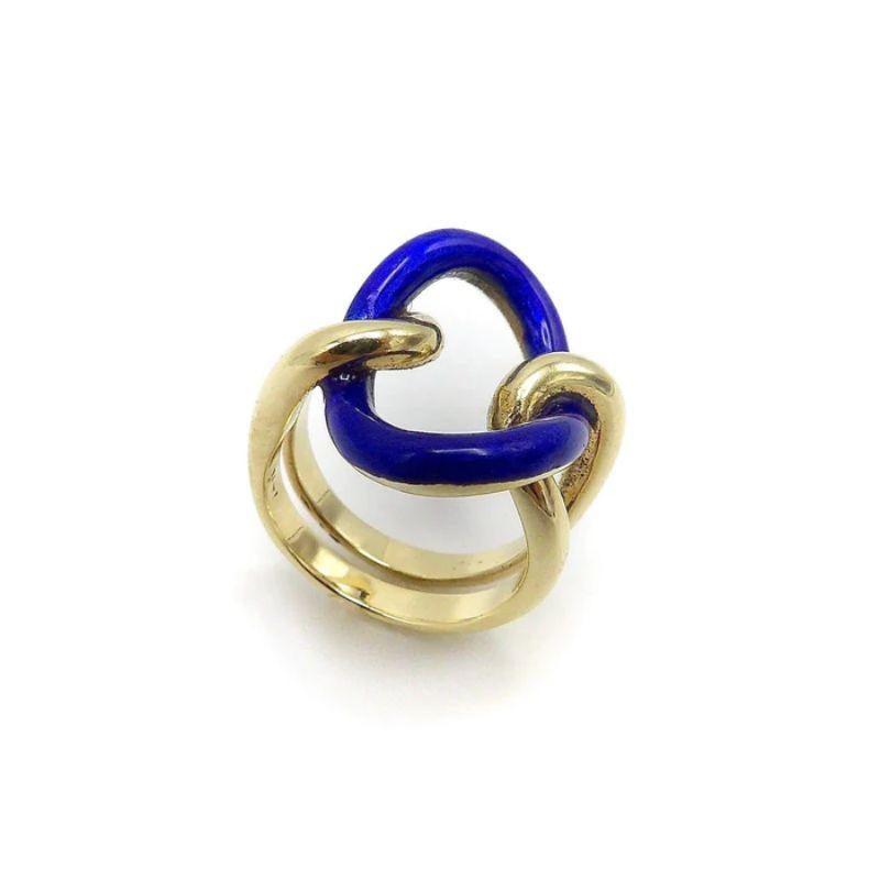 Women's Vintage 14K Gold Blue Enamel Lover's Knot Ring, circa 1990 For Sale