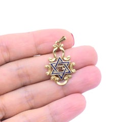 Vintage 14k Gold Blue Enamel Star of David Chai Pendant