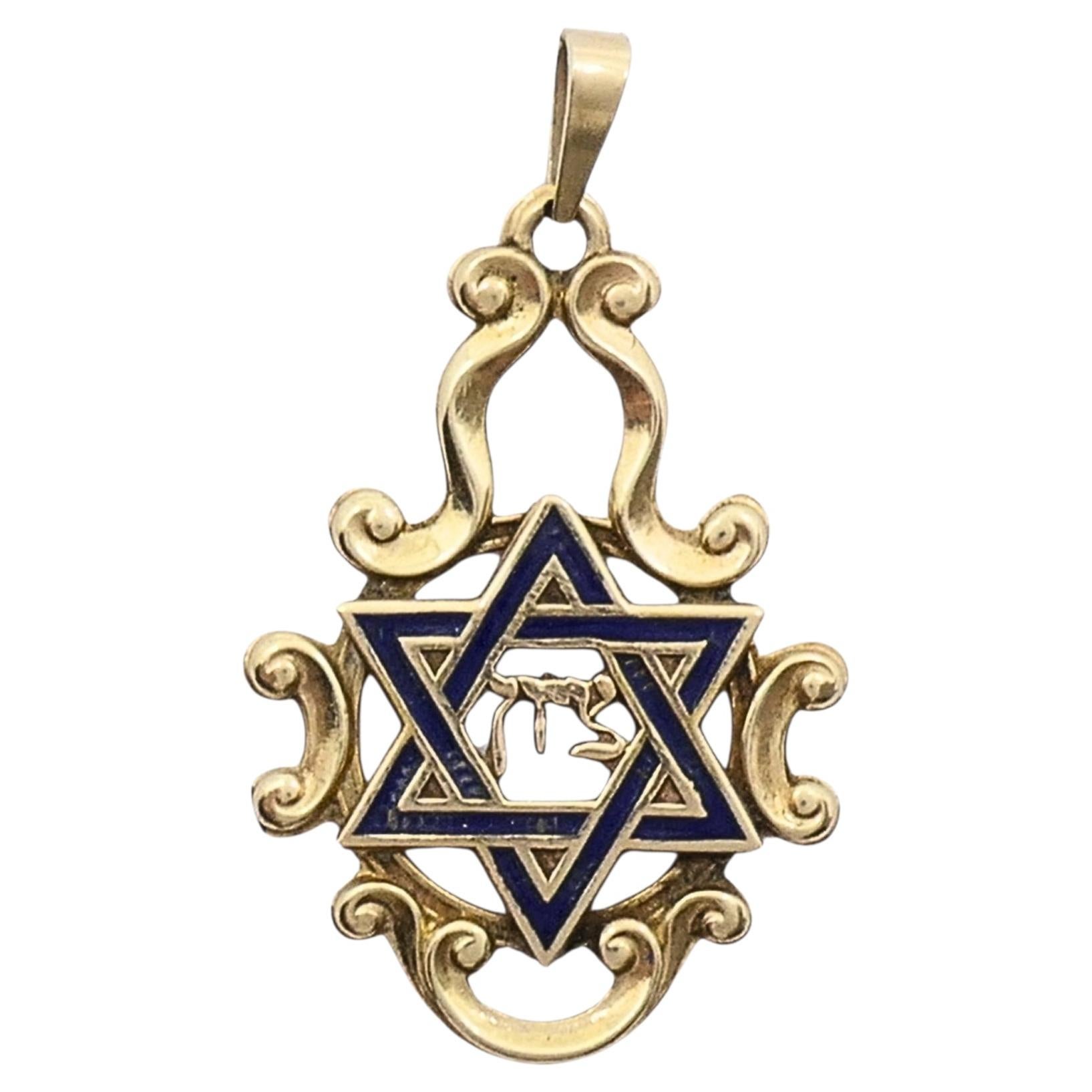 Ciondolo Chai d'epoca in oro 14k con stella di David smaltata blu