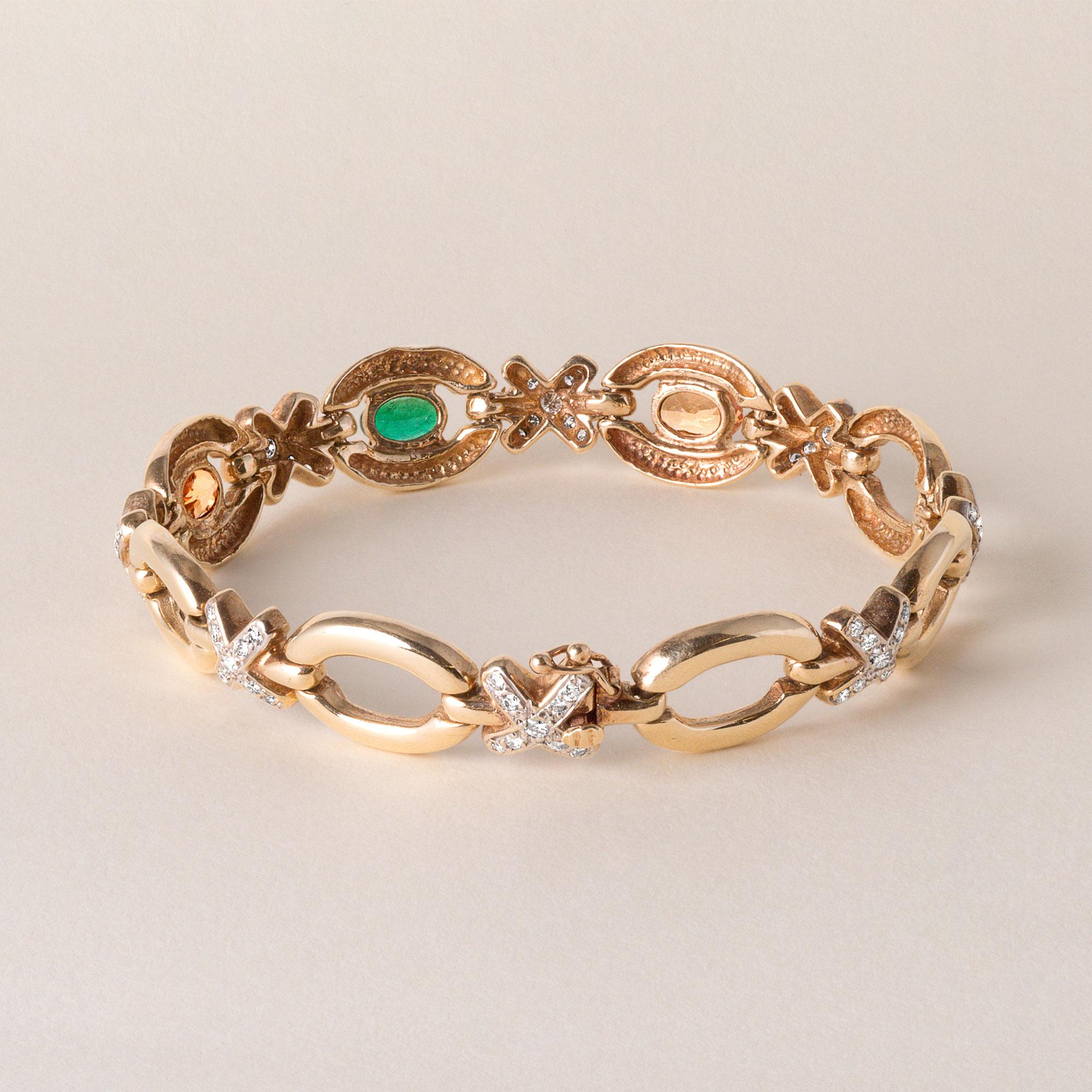 Vintage 14K Gold Bracelet  Emerald, Imperial Topaz & Diamond X Link  7.25 In Good Condition For Sale In Los Angeles, CA