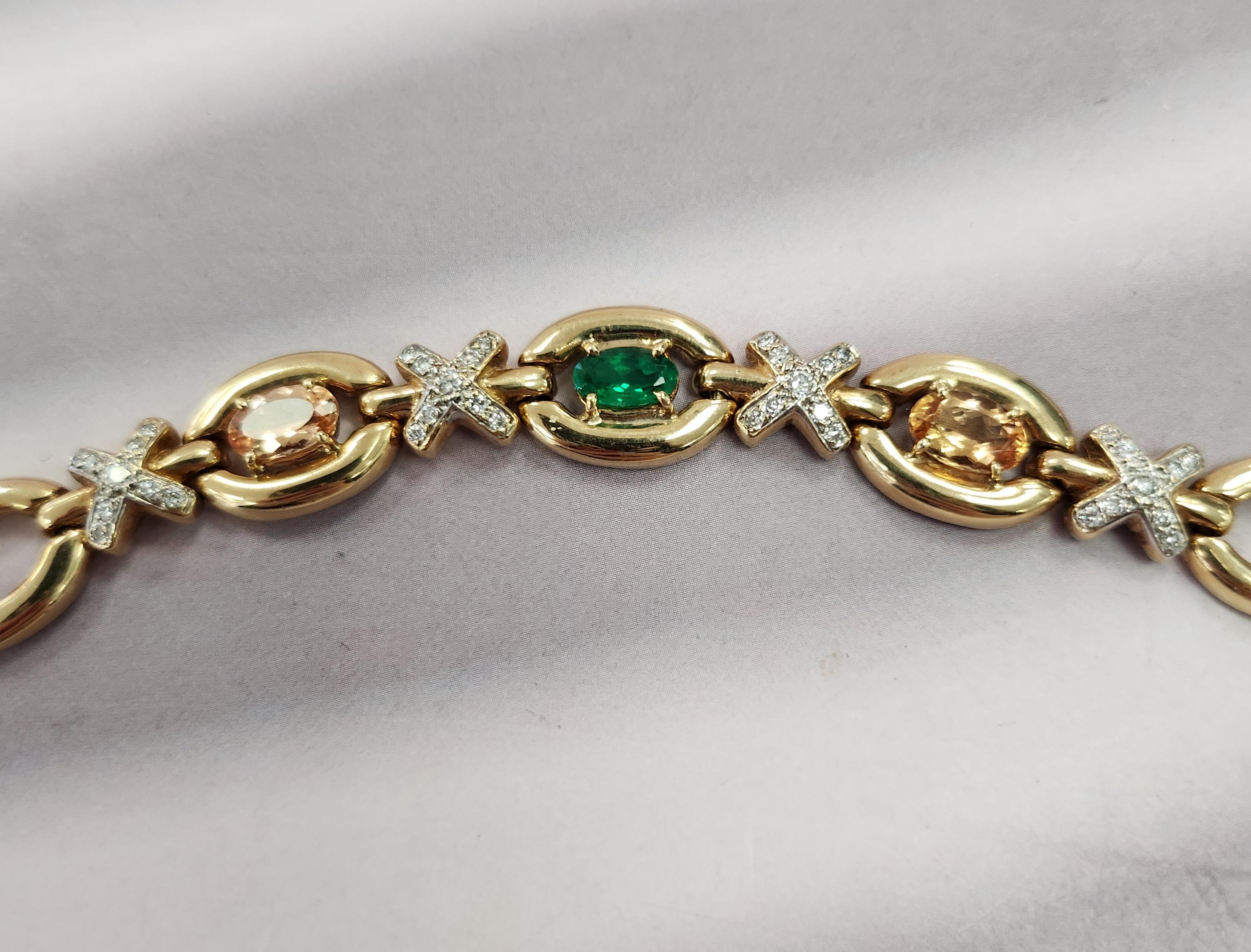 Women's or Men's Vintage 14K Gold Bracelet  Emerald, Imperial Topaz & Diamond X Link  7.25 For Sale