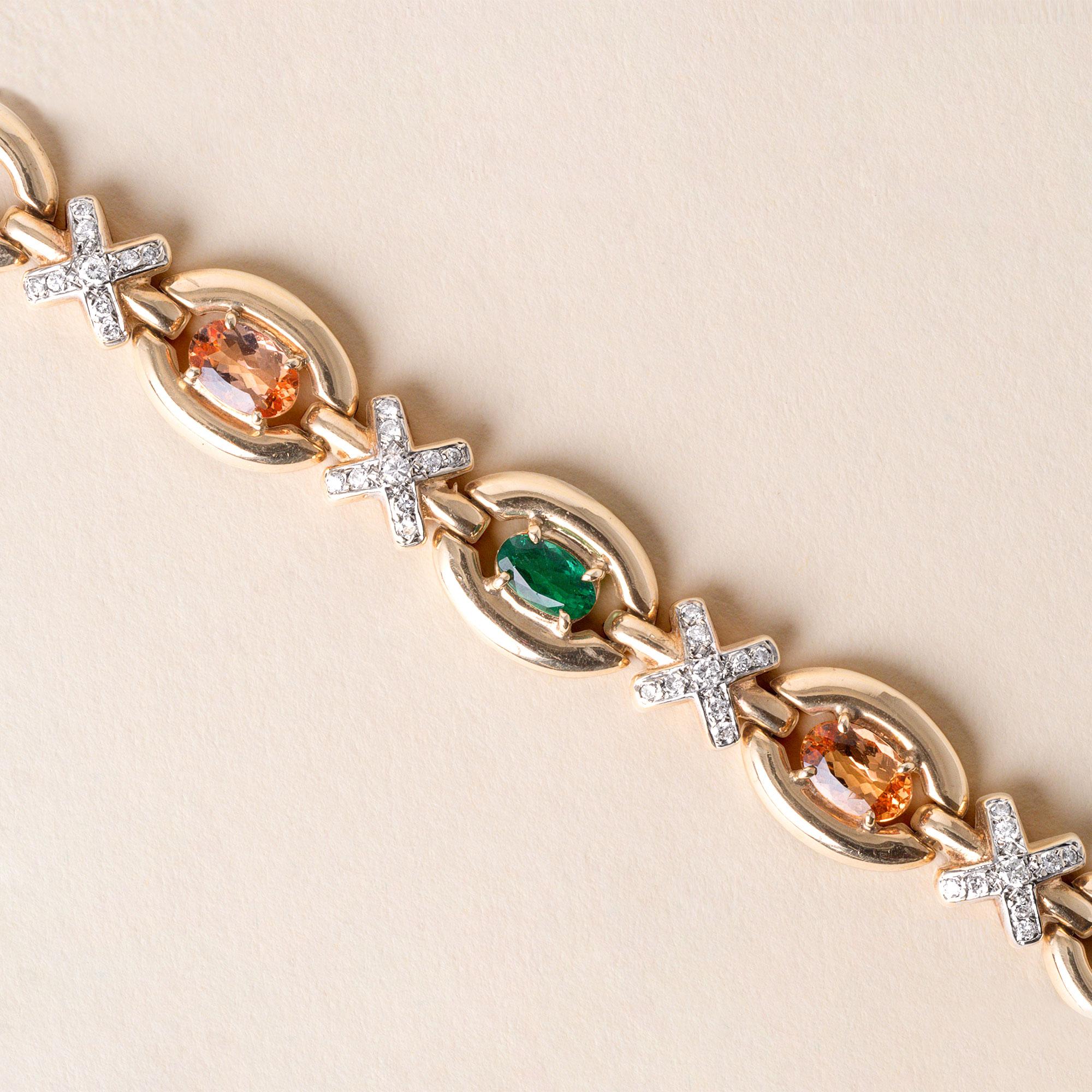 Emerald Cut Vintage 14K Gold Bracelet  Emerald, Imperial Topaz & Diamond X Link  7.25 For Sale