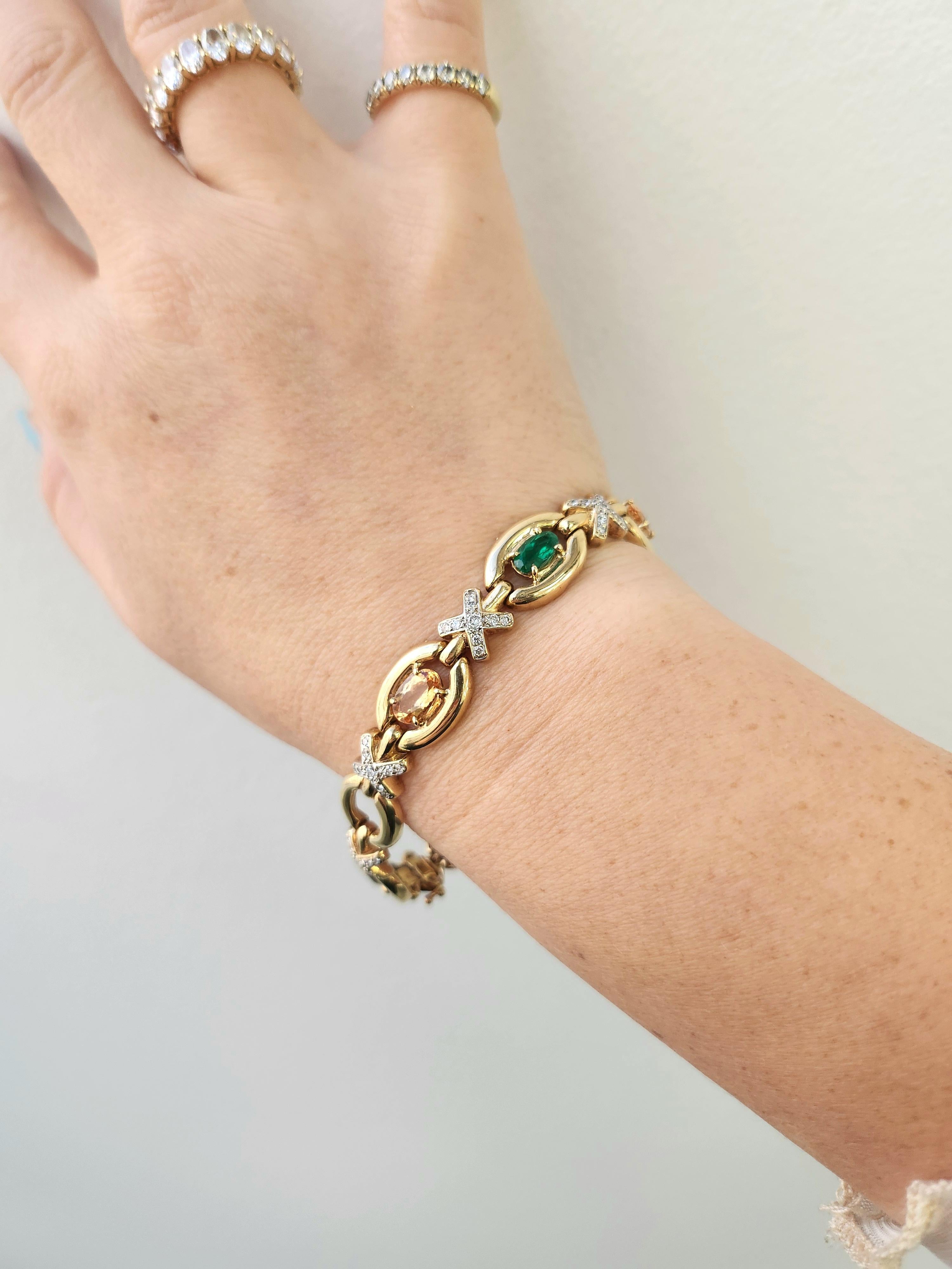 Artisan Vintage 14K Gold Bracelet  Emerald, Imperial Topaz & Diamond X Link  7.25 For Sale