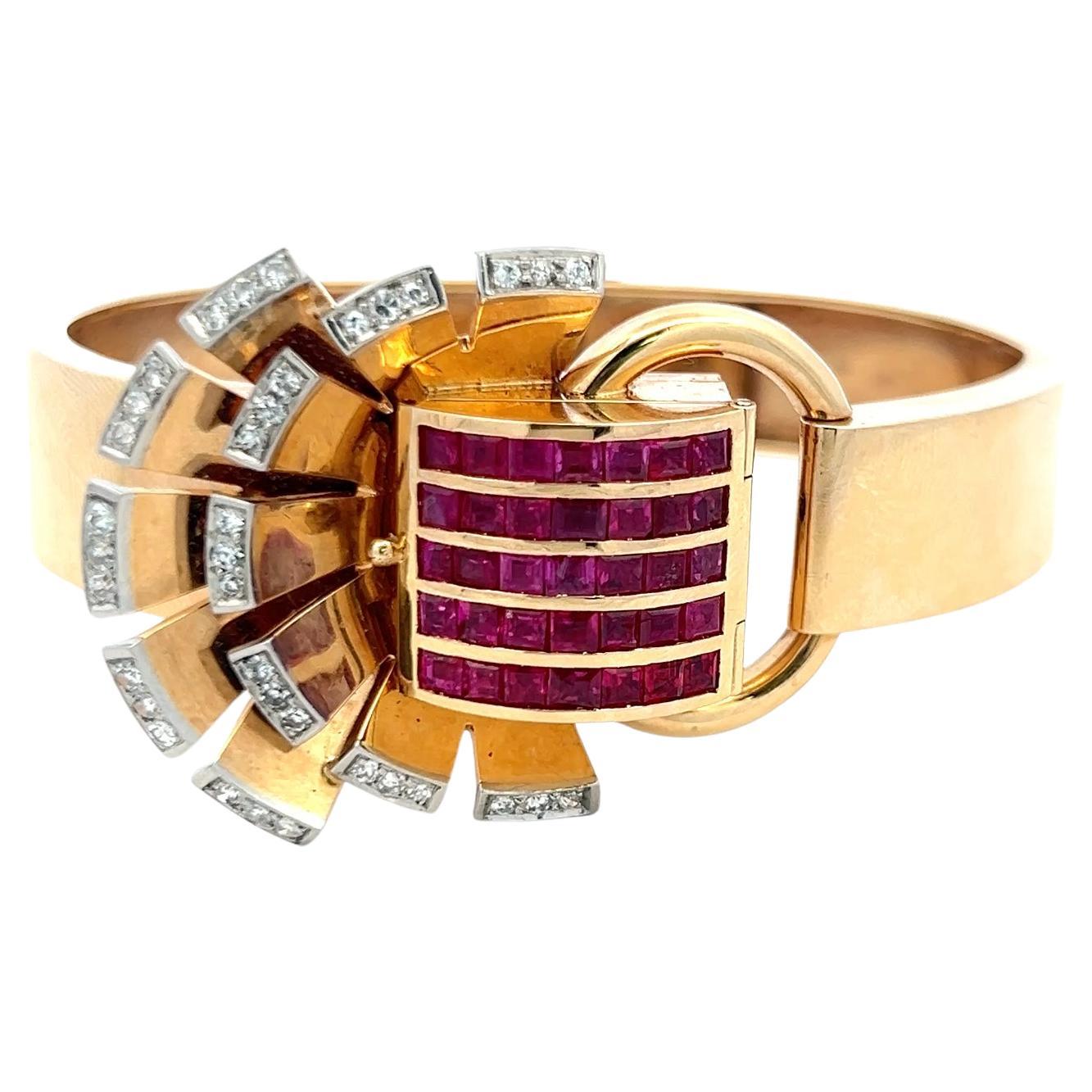 Vintage 14K Gold Bracelet Watch with 3.5 Carat Ruby and 1 Carat I-VS Diamond For Sale