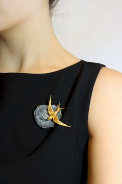 Vintage 14K Gold Brid on Crystal Geode Brooch