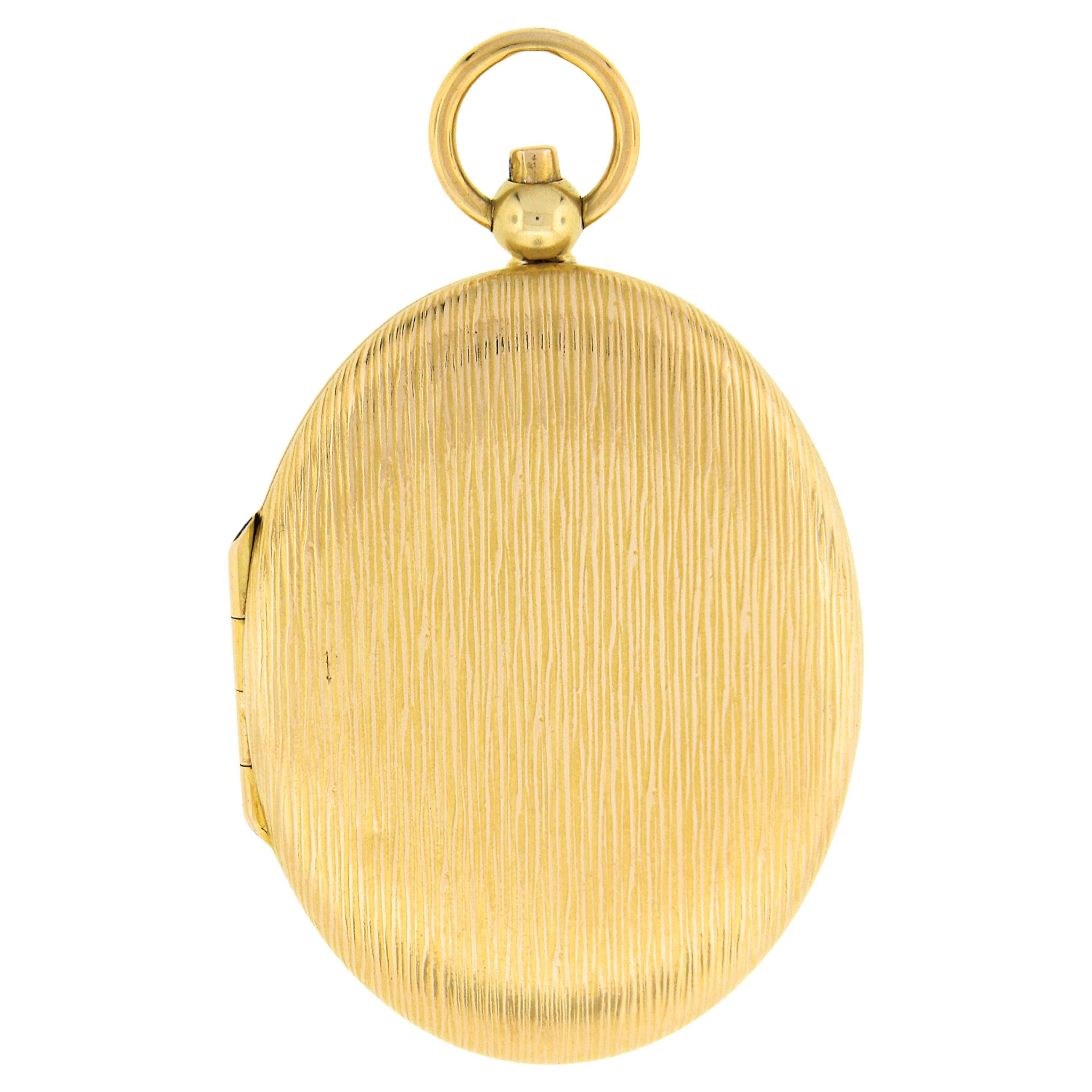 Vintage 14k Gold Brushed Textured Finish Extra Large XL Oval Locket Pendant For Sale