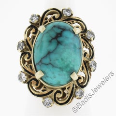 Vintage 14k Gold Cabochon Black Vein Turquoise & Diamond Enamel Cocktail Ring