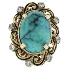 Vintage 14k Gold Cabochon Black Vein Turquoise & Diamond Enamel Cocktail Ring