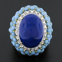 Bague cocktail texturée vintage en or 10 carats, cabochon de lapis, turquoise, perle et diamant