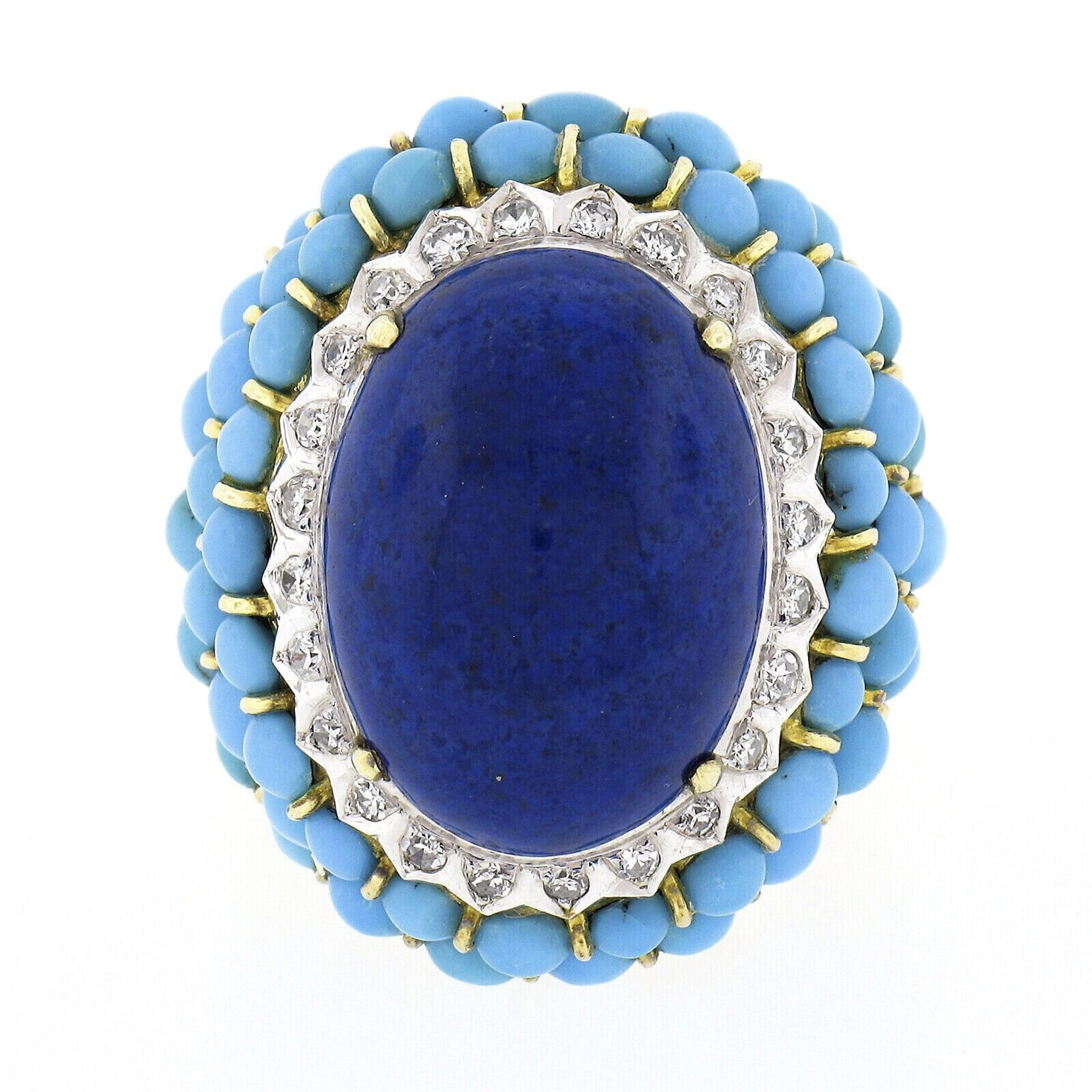 Vintage 14k Gold Cabochon Lapis Turquoise Bead & Diamond Textured Cocktail Ring In Good Condition For Sale In Montclair, NJ
