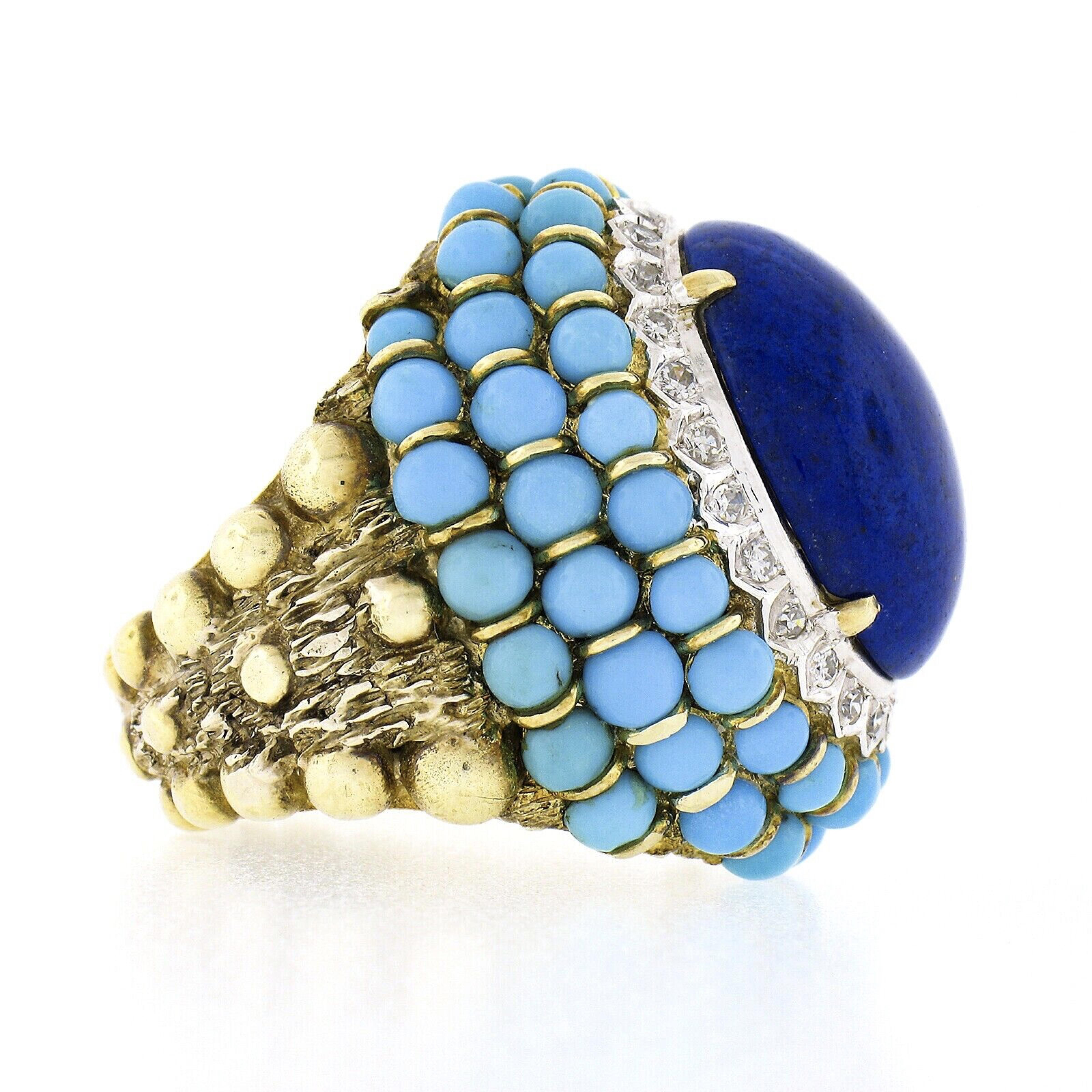 Bague cocktail vintage texturée en or 14 carats avec cabochon de lapis, turquoise, perle et diamant Pour femmes en vente