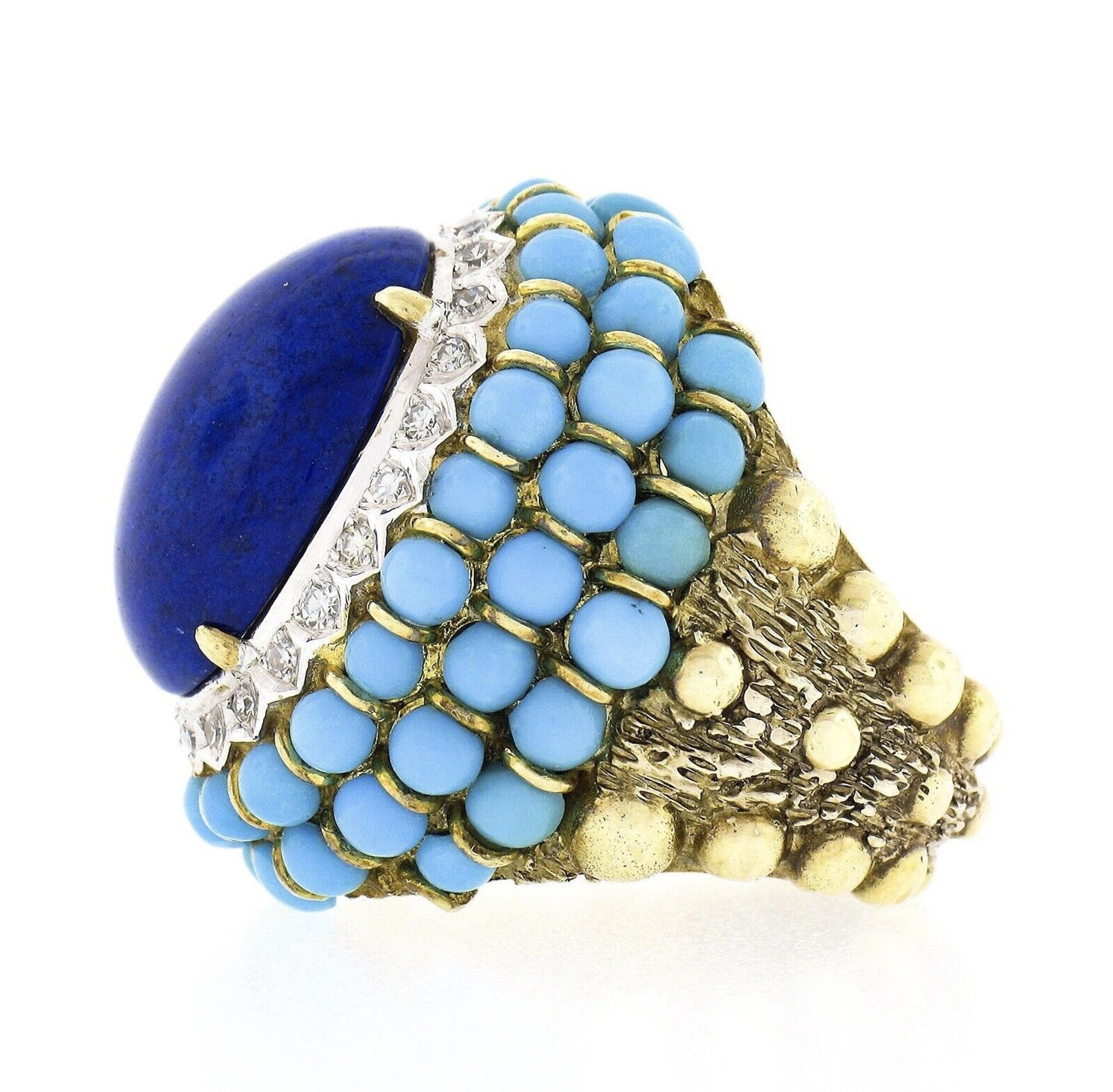 Vintage 14k Gold Cabochon Lapis Turquoise Bead & Diamond Textured Cocktail Ring For Sale 1