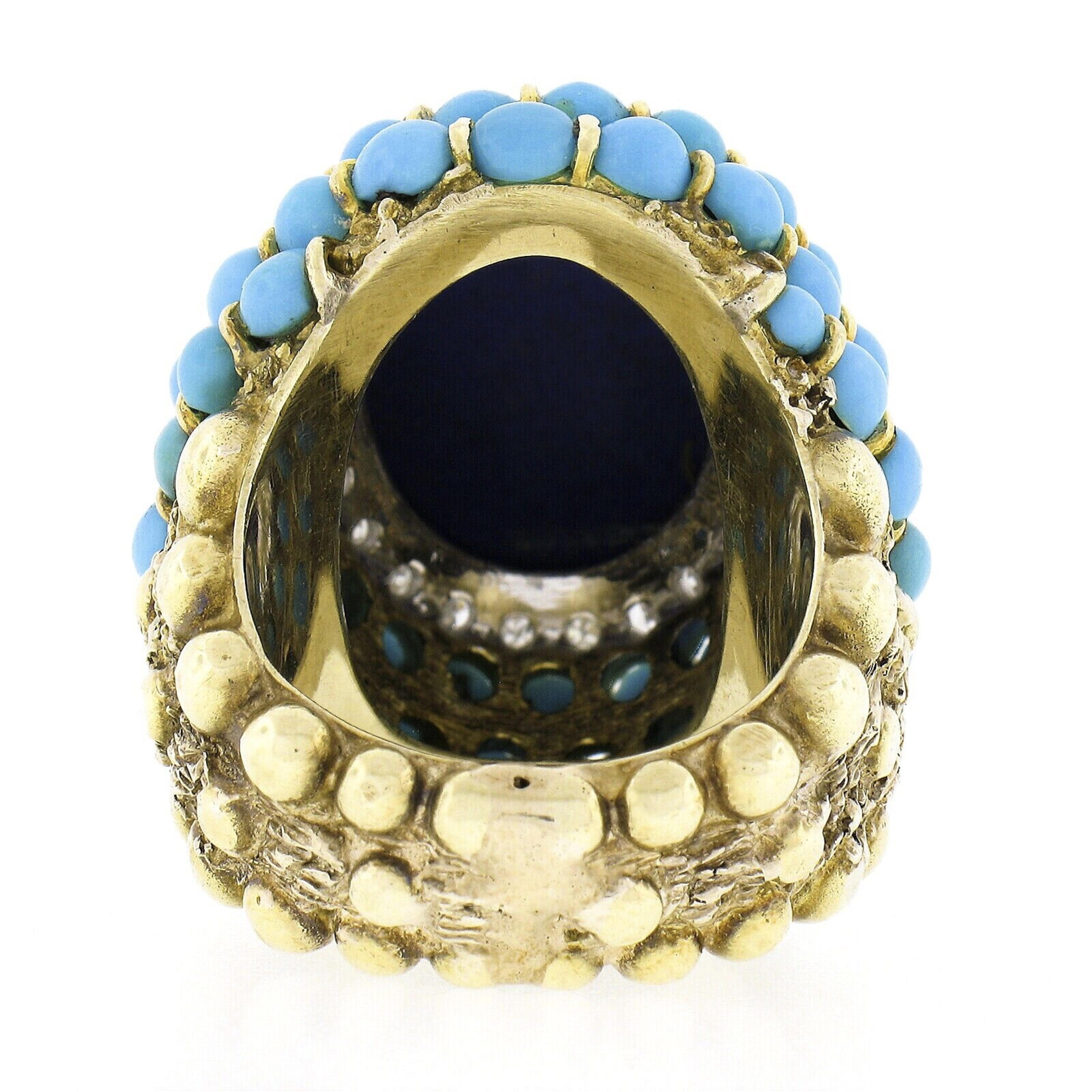 Vintage 14k Gold Cabochon Lapis Turquoise Bead & Diamond Textured Cocktail Ring For Sale 2