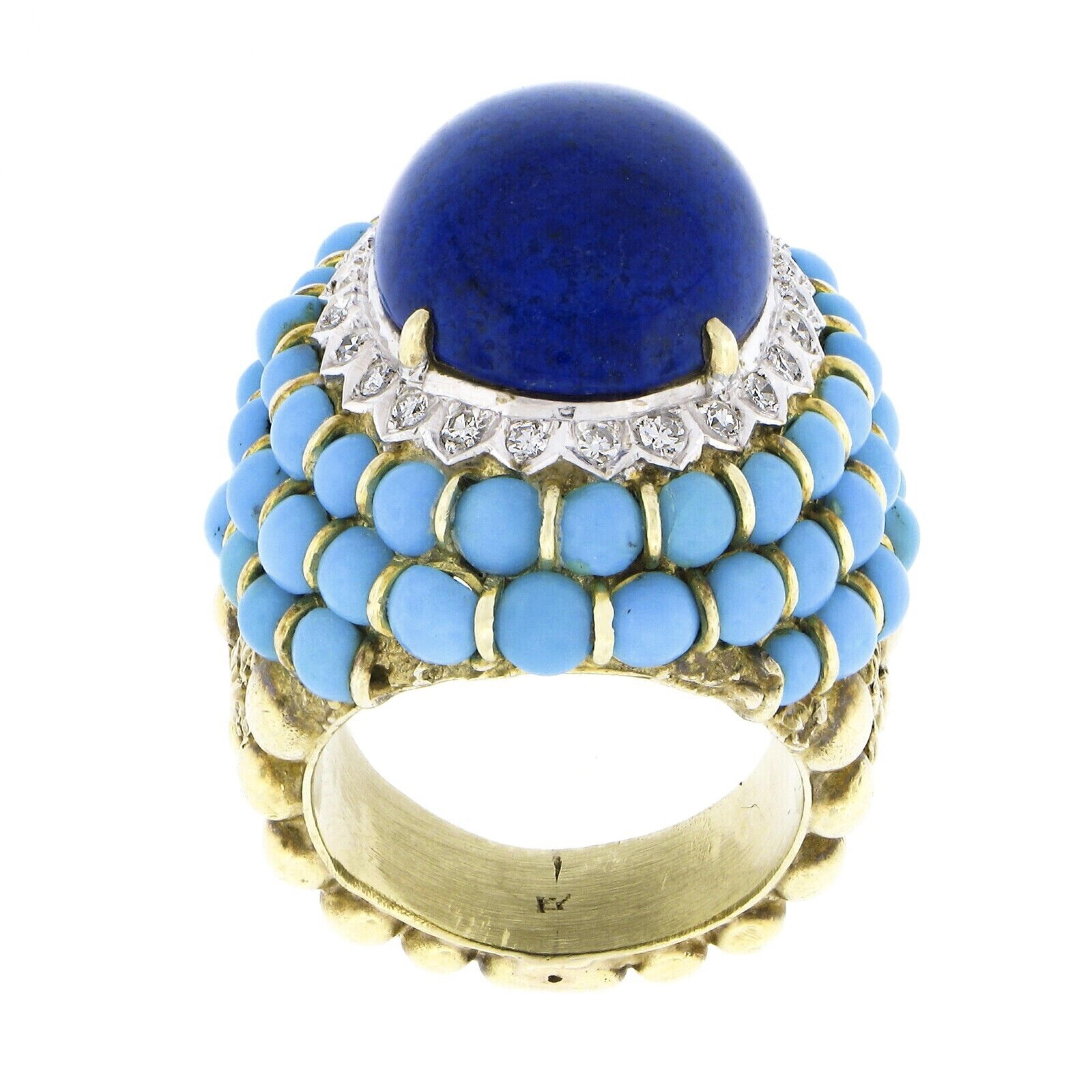 Vintage 14k Gold Cabochon Lapis Turquoise Bead & Diamond Textured Cocktail Ring For Sale 3