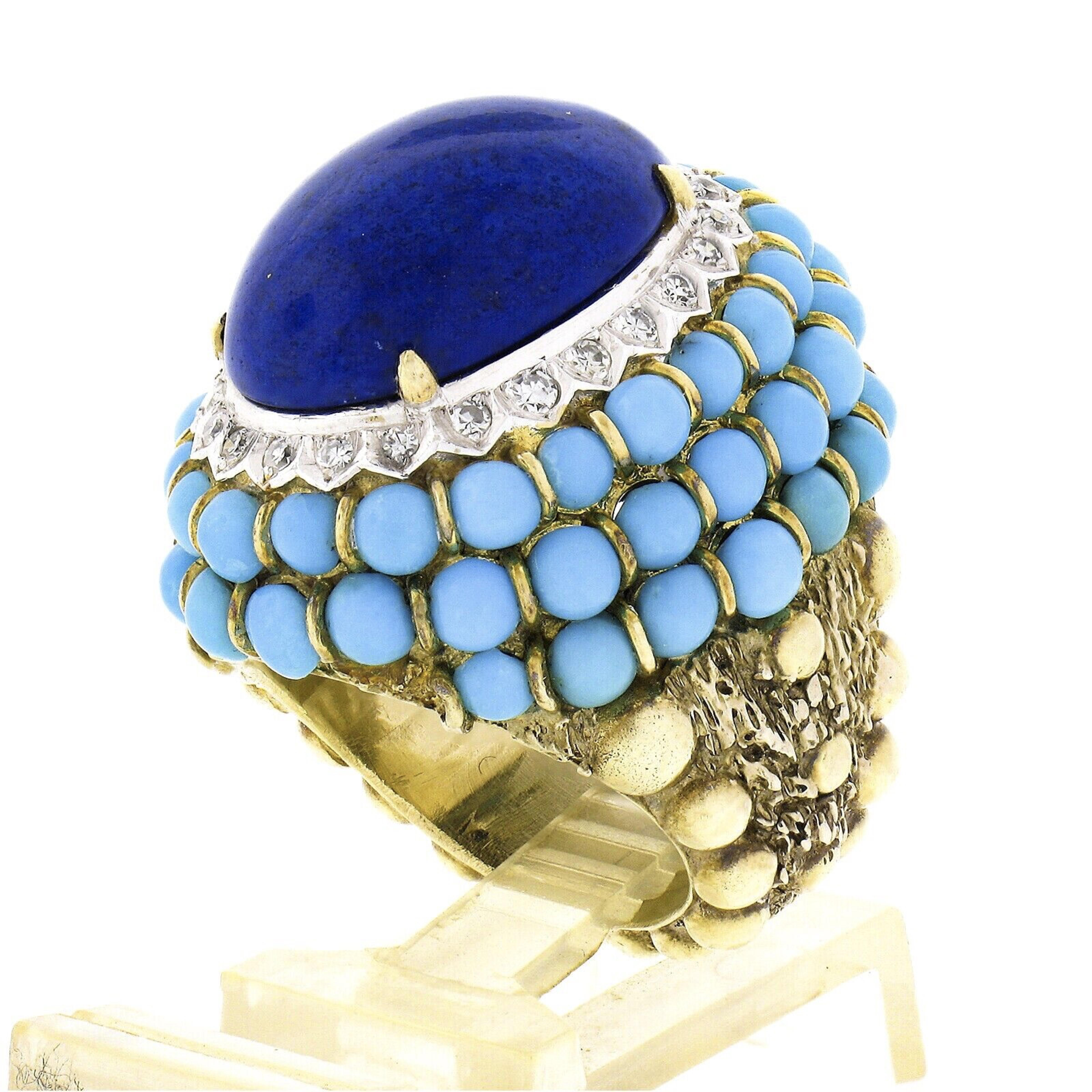 Vintage 14k Gold Cabochon Lapis Turquoise Bead & Diamond Textured Cocktail Ring For Sale 4