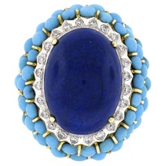 Vintage 14k Gold Cabochon Lapis Turquoise Bead & Diamond Textured Cocktail Ring