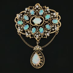 Vintage 14k Gold Cabochon Opal w/ Seed Pearl & Diamond Dangle Pin Brooch Pendant