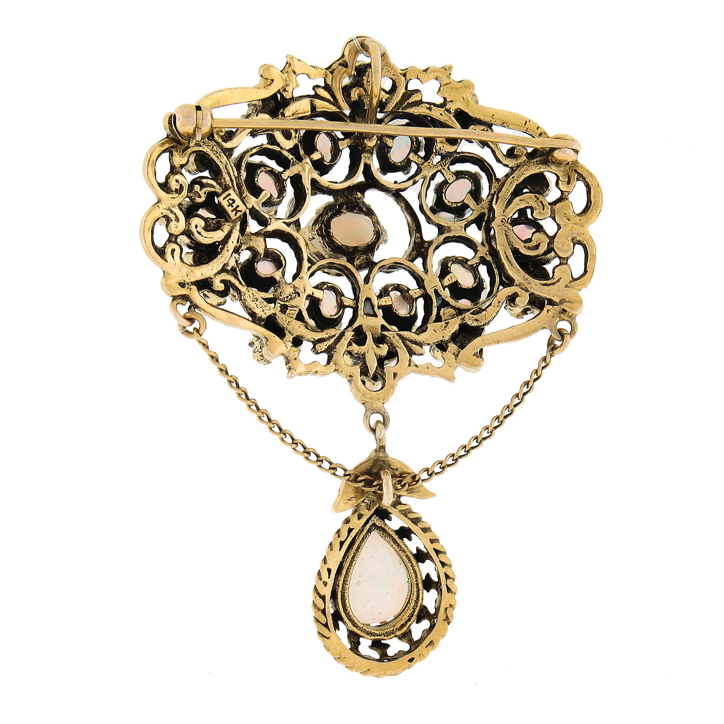 Women's Vintage 14k Gold Cabochon Opal w/ Seed Pearl & Diamond Dangle Pin Brooch Pendant For Sale