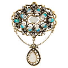 Vintage 14k Gold Cabochon Opal w/ Seed Pearl & Diamond Dangle Pin Brooch Pendant