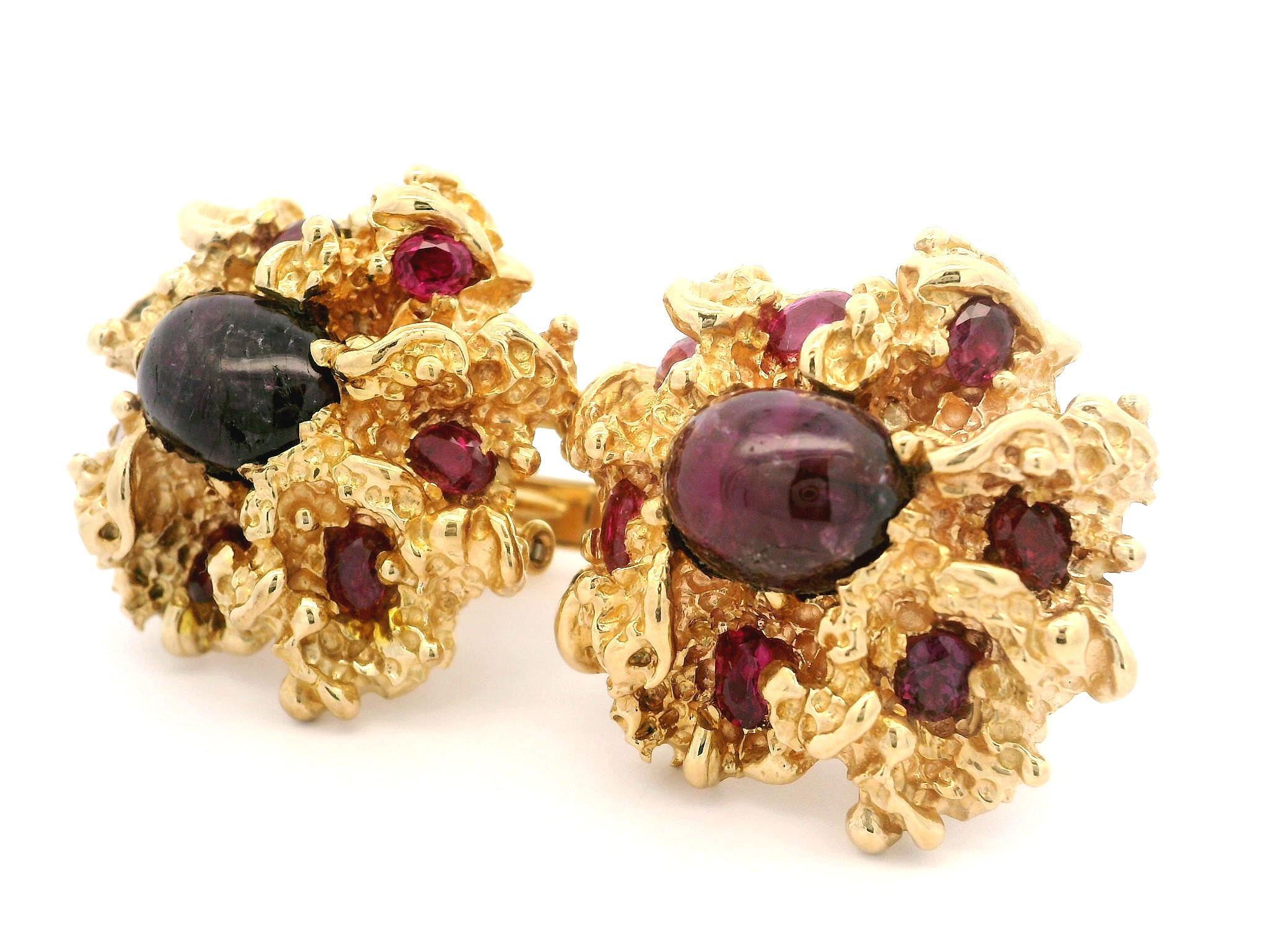 Gemelli d'epoca in oro 14k con rubino cabochon e pepita di grandi dimensioni con doppia clip in vendita 6