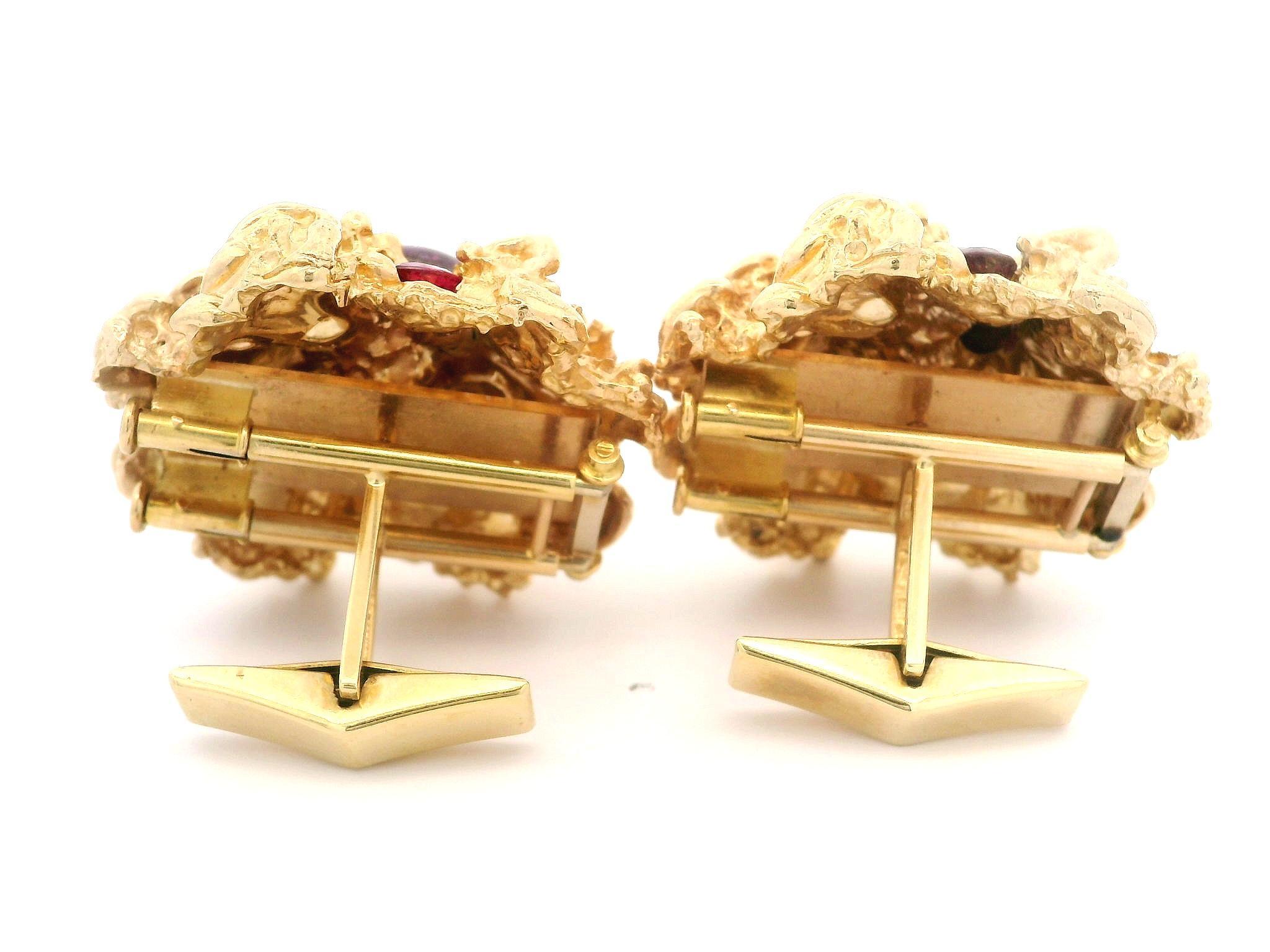 Gemelli d'epoca in oro 14k con rubino cabochon e pepita di grandi dimensioni con doppia clip in vendita 7