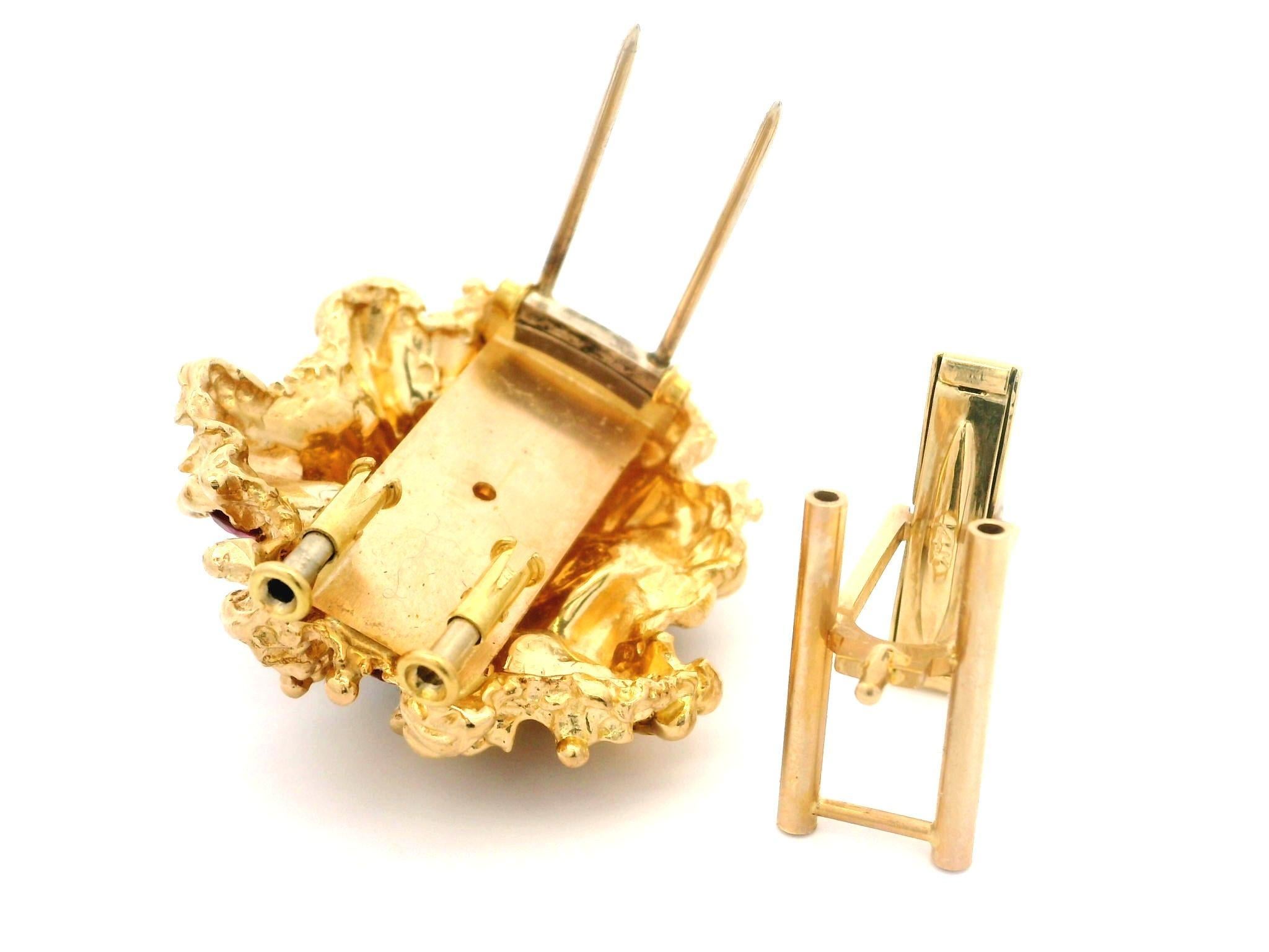 Gemelli d'epoca in oro 14k con rubino cabochon e pepita di grandi dimensioni con doppia clip in vendita 3